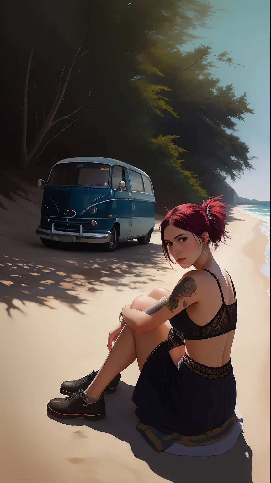 photo of the most beautiful artwork in the world featuring a modern punk woman, leaning against a van on a California beach, trending on ArtStation, CGSociety, Intricate, High Detail, Sharp focus, dramatic, photorealistic painting art by greg Rutkowski