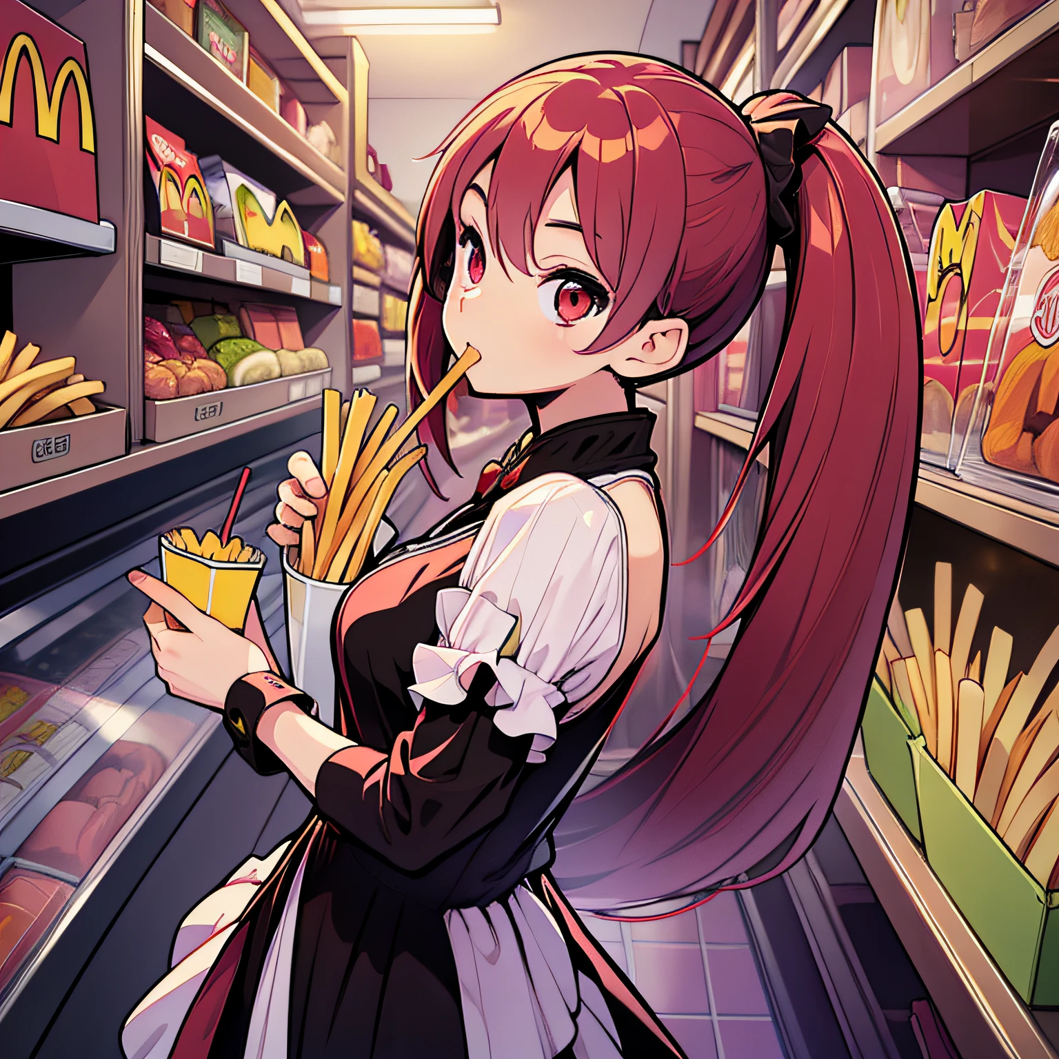 Eat french fries、Red-haired、((ponie tail))、Red eyes、Top image quality、best qualiy、ultra-highresolution、The Masterpiece、only girl、Store、McDonald's