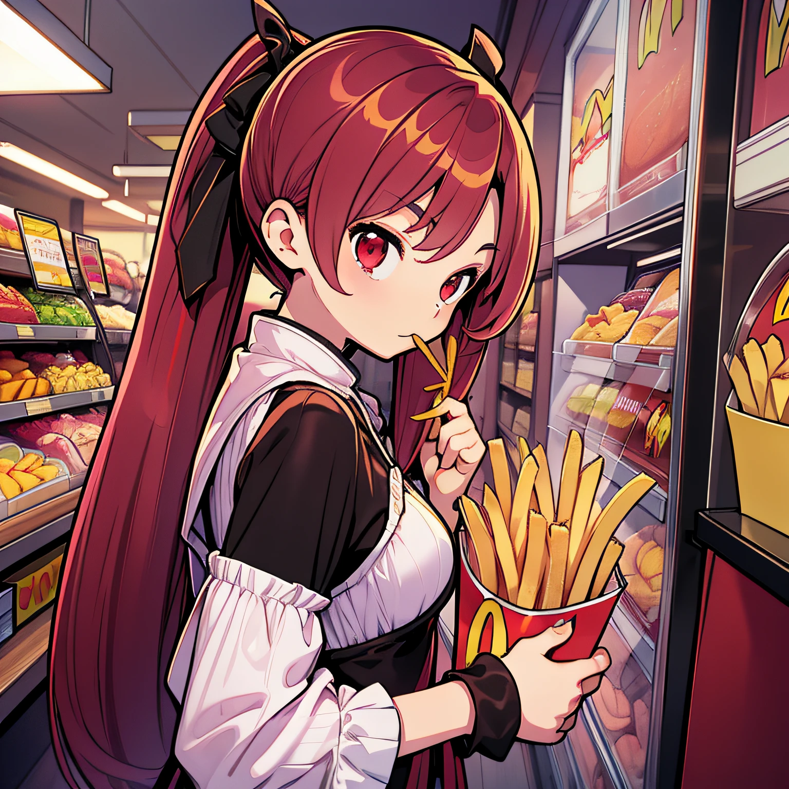 Eat french fries、Red-haired、((ponie tail))、Red eyes、Top image quality、best qualiy、ultra-highresolution、The Masterpiece、only girl、Store、McDonald's