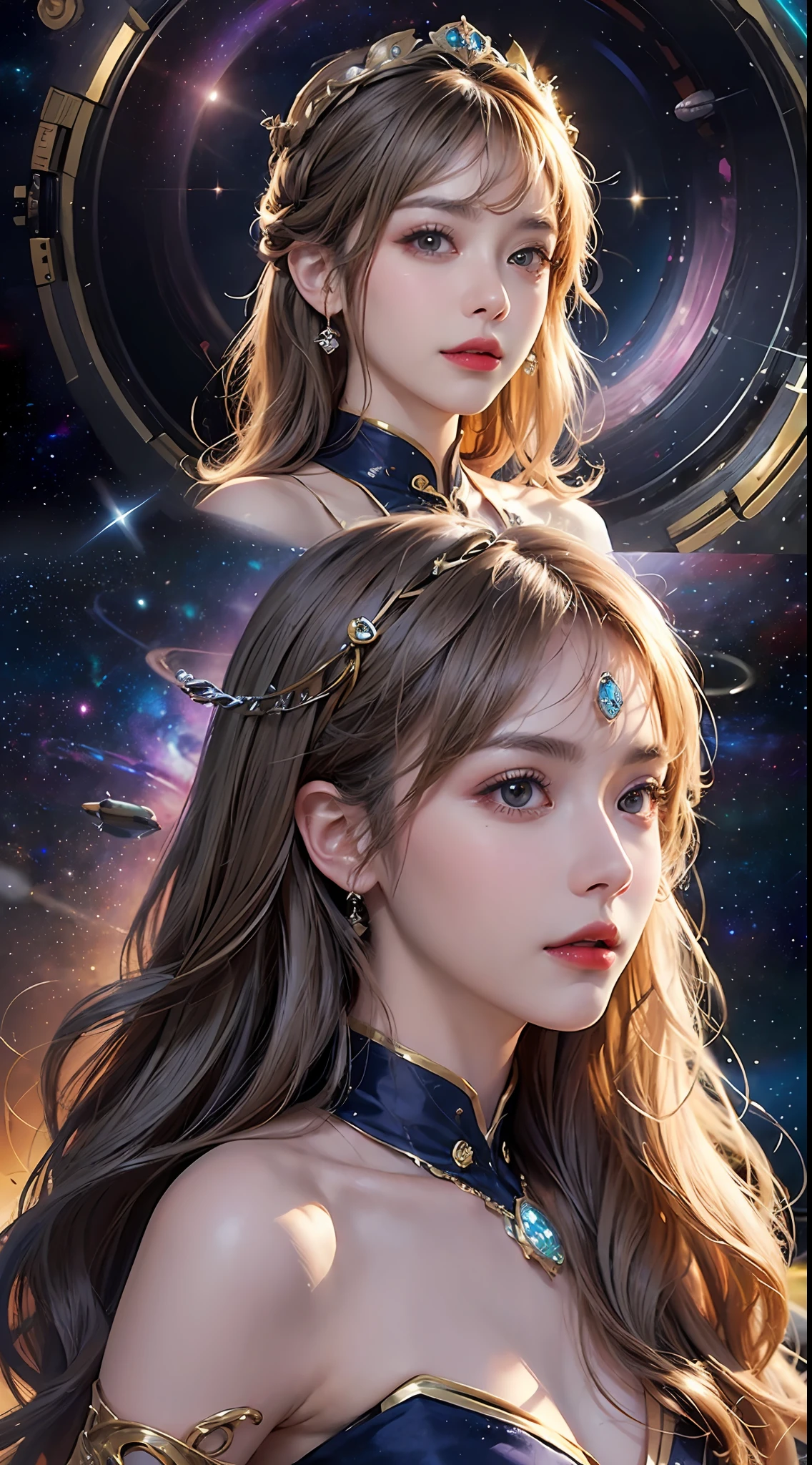 1 27-year-old girl, 1 zodiac goddess from the future, goddess of the pink and purple 12 zodiacs, the goddess of the zodiac in a yellow ao dai, a 12 zodiac ao dai with many black lace detail, mythology Goddess of the 12 zodiacs from the future, zodiac ♏, luxurious glittering zodiac style, dark and mysterious version, zodiac crown, lipstick lips red, thin and beautiful lips, don't smile, keep your mouth shut, characters made by karol bak and pino daeni, intricate detail, detailed background, extremely detailed, light magic, a woman, clear face, look at the face of goddess zodiac look at the zodiac goddess face, moderately large breasts, round breasts, Big and round breasts, hair long with bangs, beautiful face in detail and well-proportioned eyes, (transparent yellow eyes: 1.8), big round eyes and very beautiful and detailed makeup, foresight, silk dress, mysterious makeup, Bangles, double bangs and dyed light blonde, upper body, (zodiac goddess upper body: 1.9), arms hanging loosely, Realistic and vivid photo, (stars make up the zodiac: 1.7), (sky background zodiac and fictitious space and time portal: 1.8), fiction art, RAW photo, hanfu picture, best photo, high_res, best quality, best photo quality, 8k quality, 8k ultra, super realistic, real photo most economical, artistic portrait of goddess zodiac, 1 symbol of 12 zodiac signs on the back, single portrait of 1 zodiac goddess, The most realistic color scheme, the best photo color, masterpiece, hair ornament, necklace, jewelry, Beautiful face, upon body, tyndall effect, photo realistic, dark studio, rim lighting, two tone lighting, (high detailed skin:1.2), 8k uhd, dslr, soft lighting, high quality, volumetric lighting, candid, Photograph, high resolution, 4k, 8k quality, Bokeh, Smooth and sharp, increase the pixel by 10x, Charming zodiac goddess, sexy zodiac goddess, (background space:1.8), (galaxy: 1.7), aurora, lightning, (Auroral Background: 1.8) <lora:locon_perfecteyes_v1_from_v1_