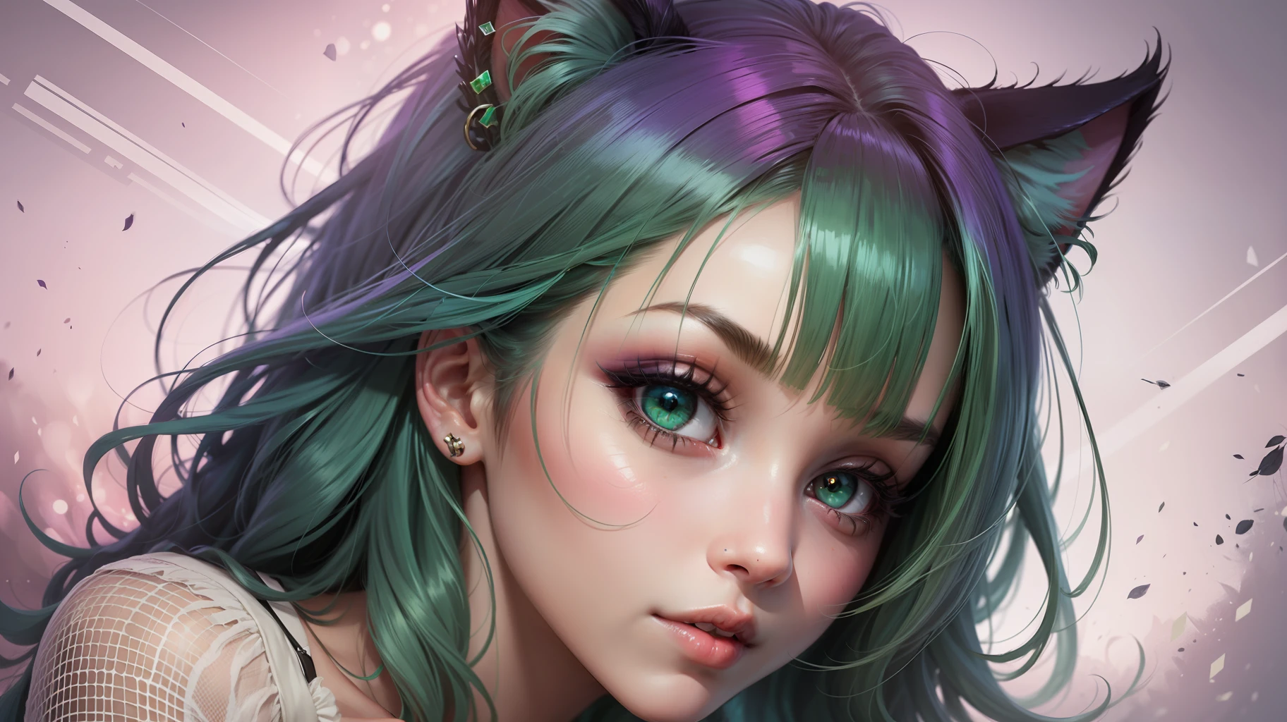 gal girl,Purple eye,Green hair,Cat ears