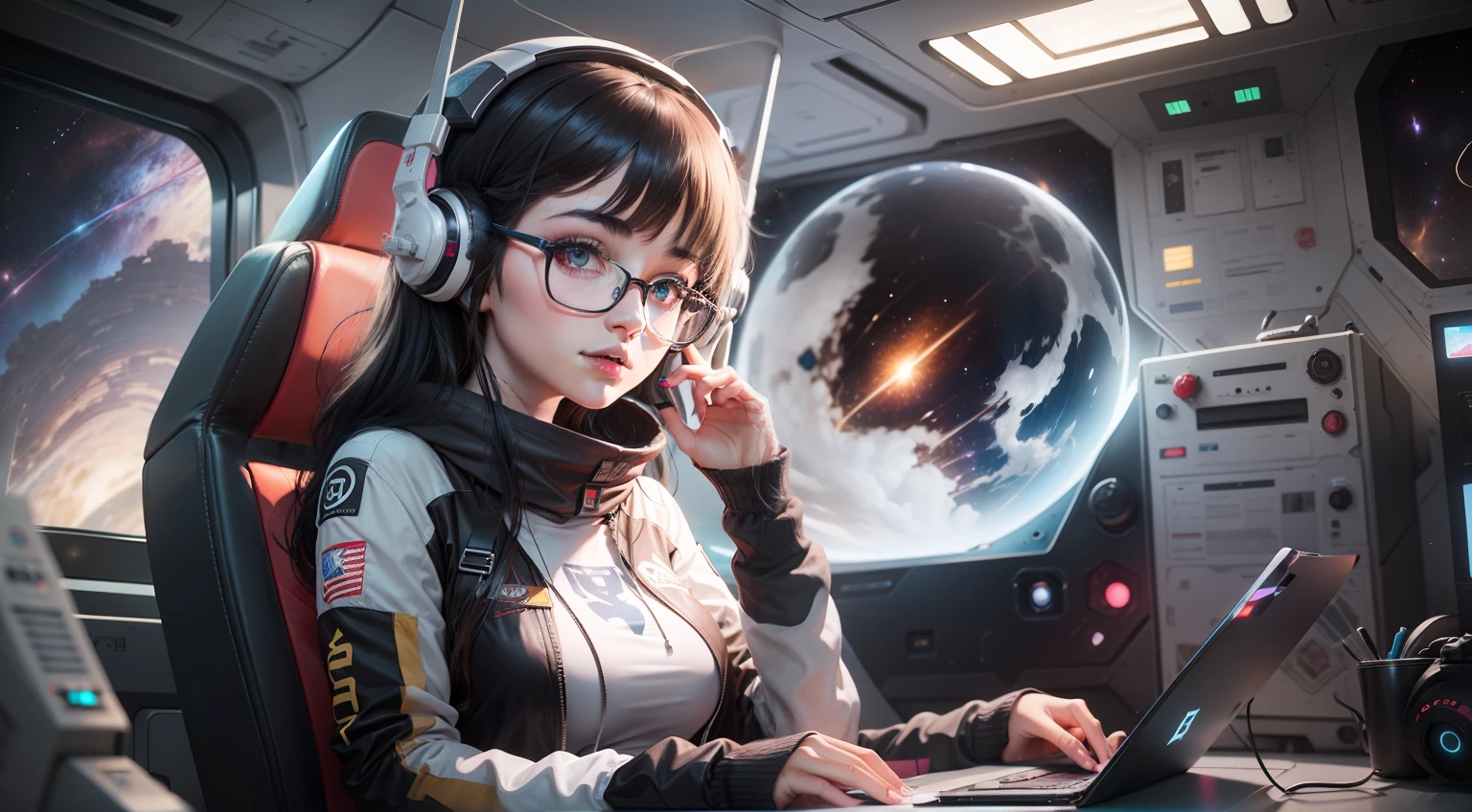 Gamer girl with black hair and glasses inside a spaceship traveling through space