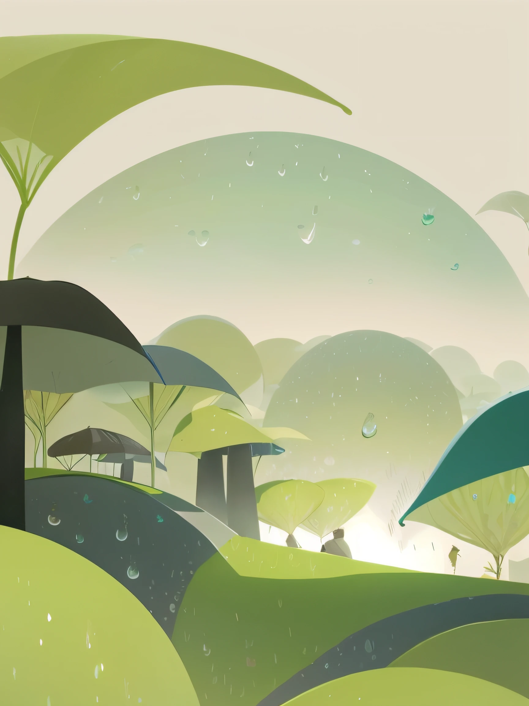 There are green and white landscapes,There are umbrellas and birds flying, 2d matte illustration, Flat illustration, Detailed 2D illustration, 2D illustration, a beautiful artwork illustration, 2 d illustration, detailed digital illustration, animation illustrative style, matte illustration, Landscape illustration, shaded flat illustration, Simple and clean illustration, arte de fundo, serene illustration, Chinese landscape, environment design illustration,There are raindrops in the sky