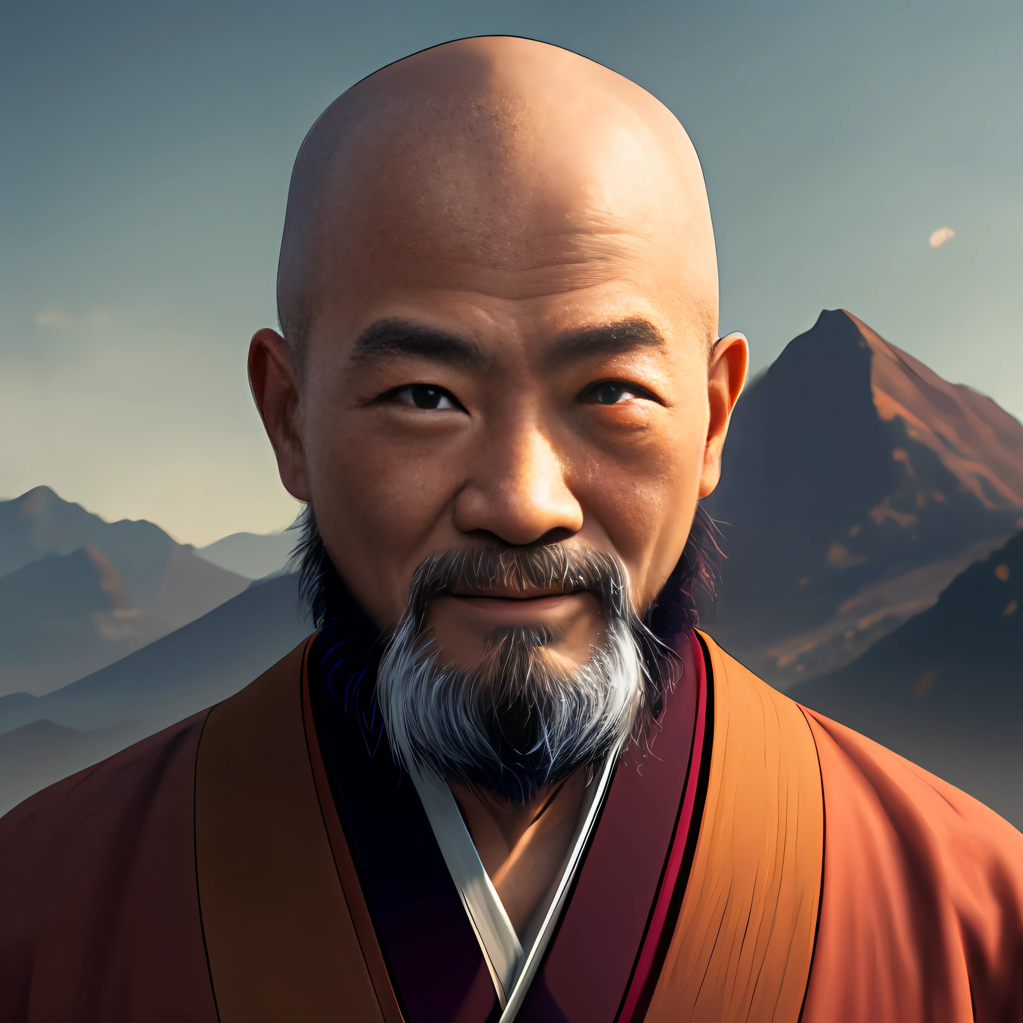 An old Chinese monk in rags,Long hair and long beard,Be kind,The eyes are shining,Smart and dashing,Teeth bared, Landscape background,Cinematic portraits of people, 8K portrait rendering,Inspired by martial arts monks, Inspired by Oniyako --auto