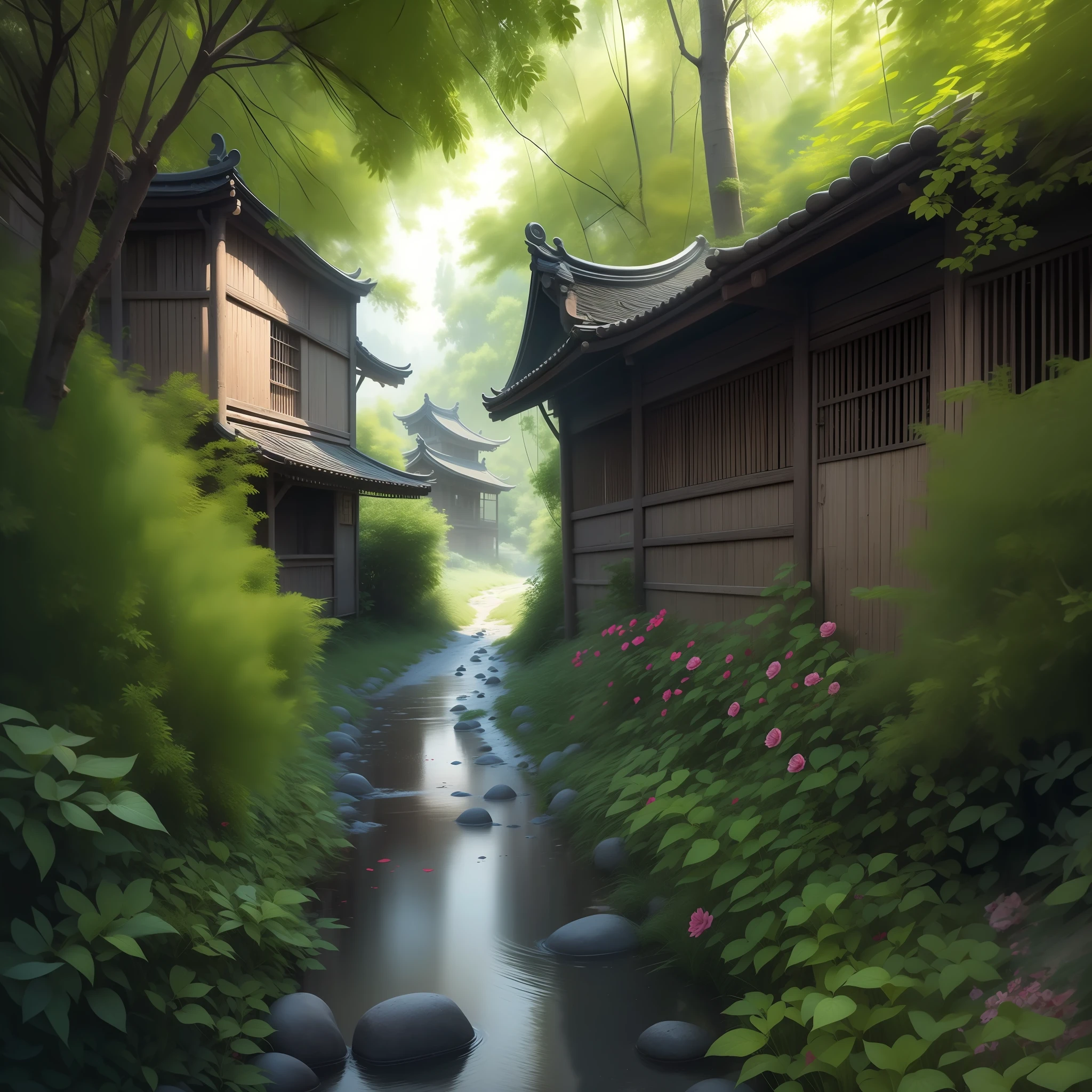 Stroll along the stone paths of the ancient town，It's like going back in time。The old building still stands，It reveals the vicissitudes of the years and the thick sense of history。The sound of running water is heard in my ears，The stream gurgles under the stone bridge，Furui Kiyoizumi always makes people feel refreshed。In the distance are houses with white walls in green tiles，Red lanterns are hung，It adds a bit of festive and lively to the whole ancient town。I want you through your brush，The beauty of this ancient town is delicately displayed，Let those who admire your work feel like they are in this quaint and peaceful world。