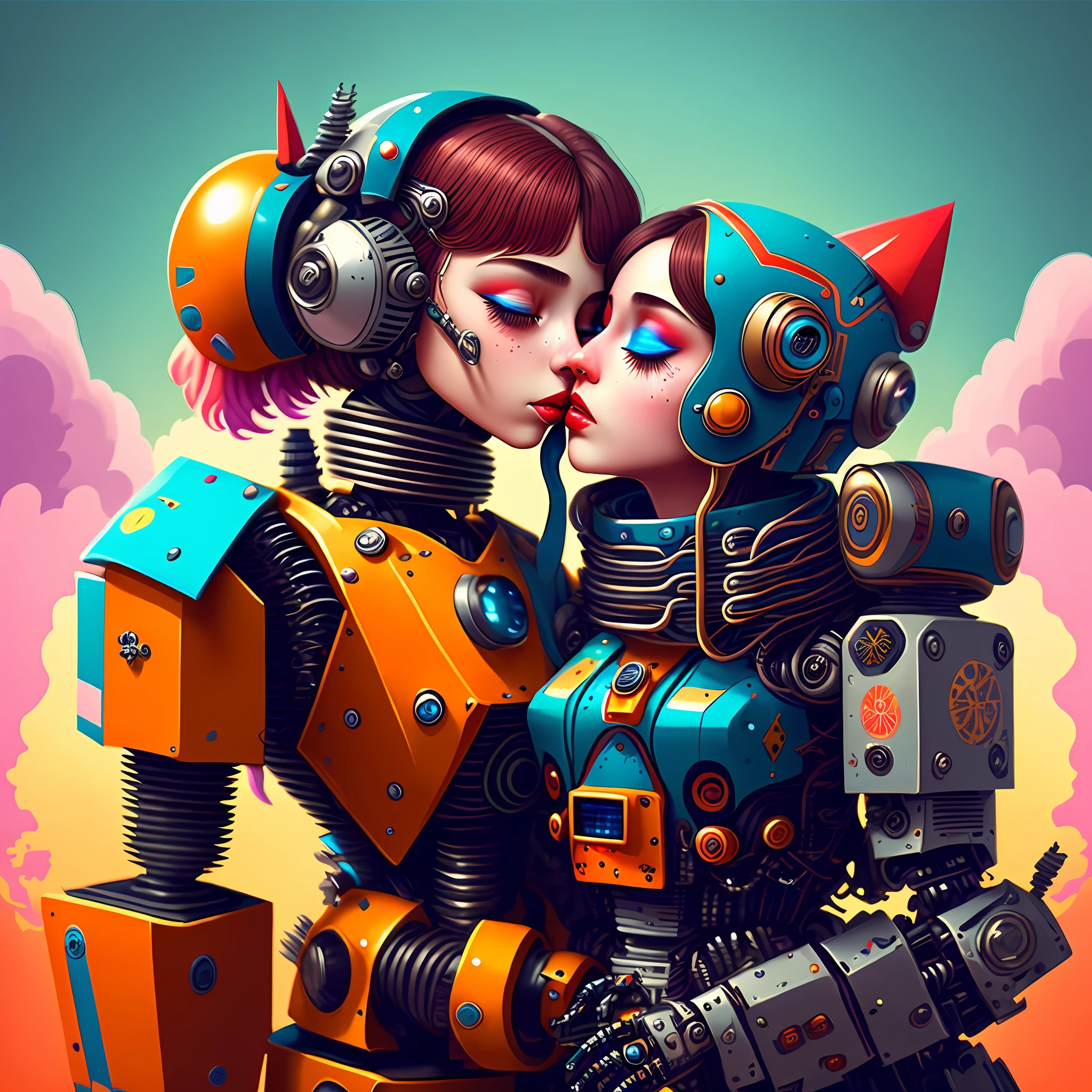 (Best Quality,illustration, Intricate Details), hyperdetailed colourful ,
((crazy robot kissing the girl)), (4k texture),
, LSD, Sharp focus, Cinematic, Trending on ArtStation,