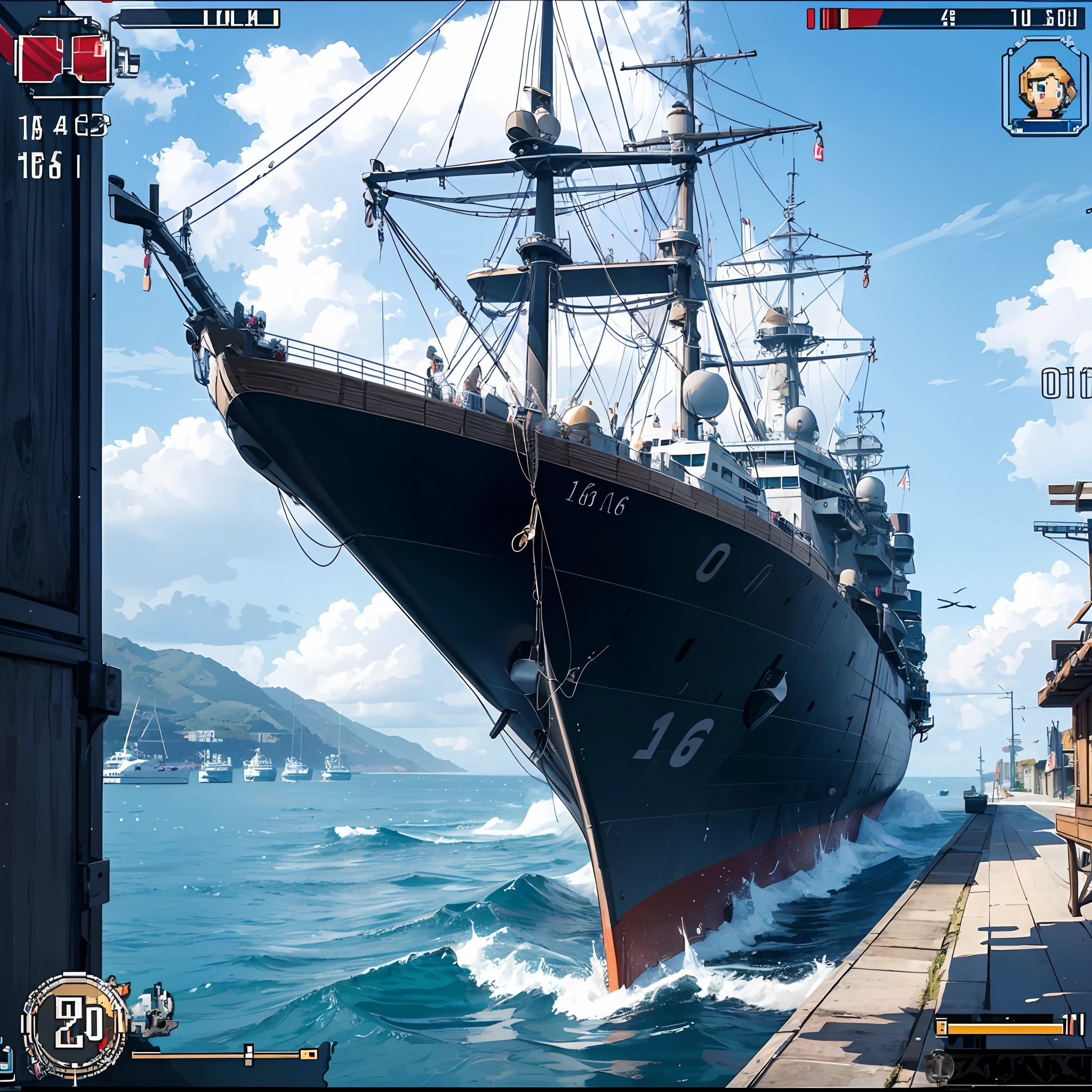 Interfaz usuario, videojuego naval, siglo 16, pixelart --auto
