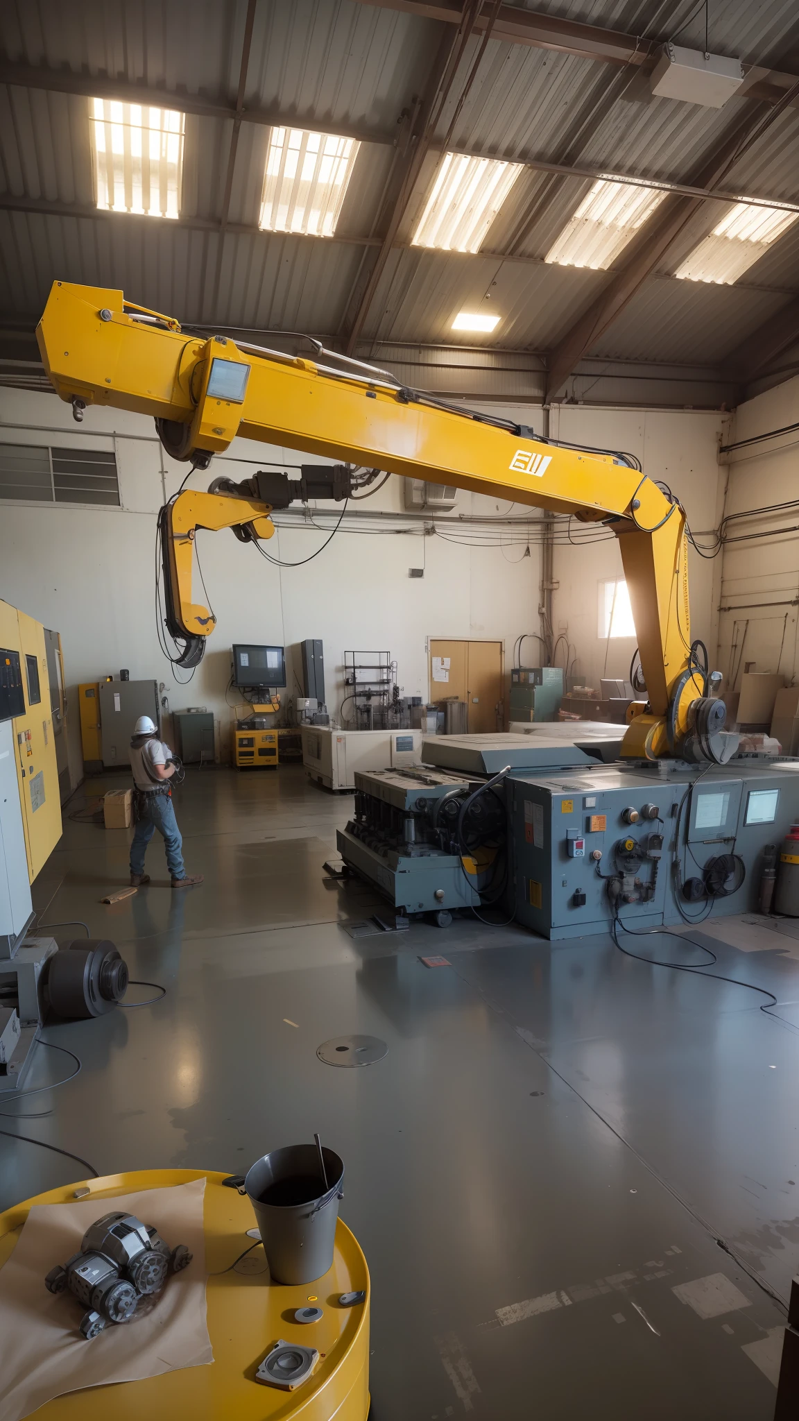 Modern factory, robot operators, modern machinery, automation, Robot, tecnologias de vanguarda, HDR lighting, piso branco, Foto realista, high-definition, alta tecnologia.