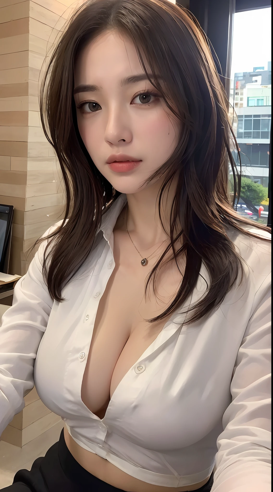 ((Best quality, 8k, Masterpiece :1.3)), Sharp focus :1.2, A pretty woman with perfect figure :1.4, Slender abs :1.2, ((Dark brown hair, Big breasts :1.2)), (White button up long shirt :1.1), City street:1.2, Highly detailed face and skin texture, Detailed eyes, Double eyelid