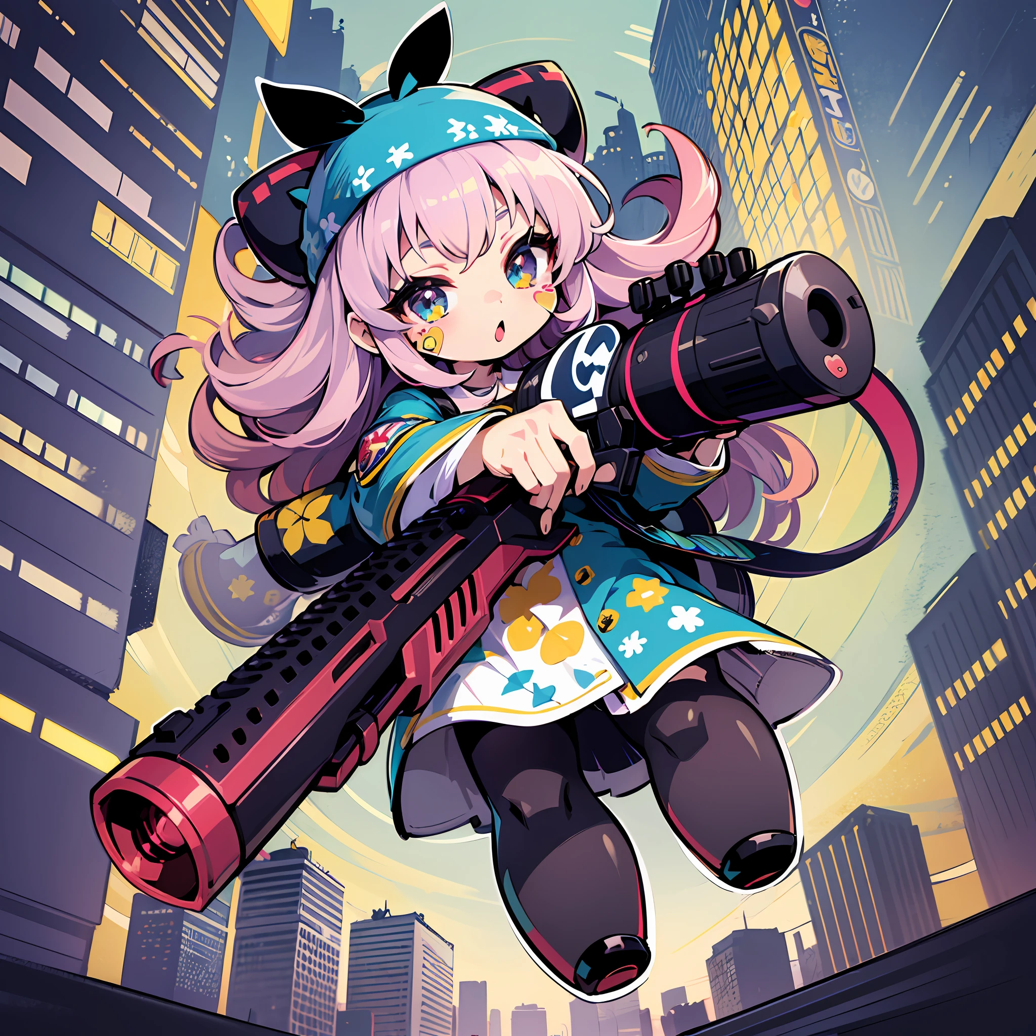 ((sticker:1.5)))、((Chibi Chara))、(((Super giant gun)))、Fluffy、1girl、Strong perm、Giant firearms、Blow up the city、Strongest、Chibi Chara、fully body、pastel-colored hair、Fairy tale、Fantastical、masterpiece、best qualiy、high picture quality