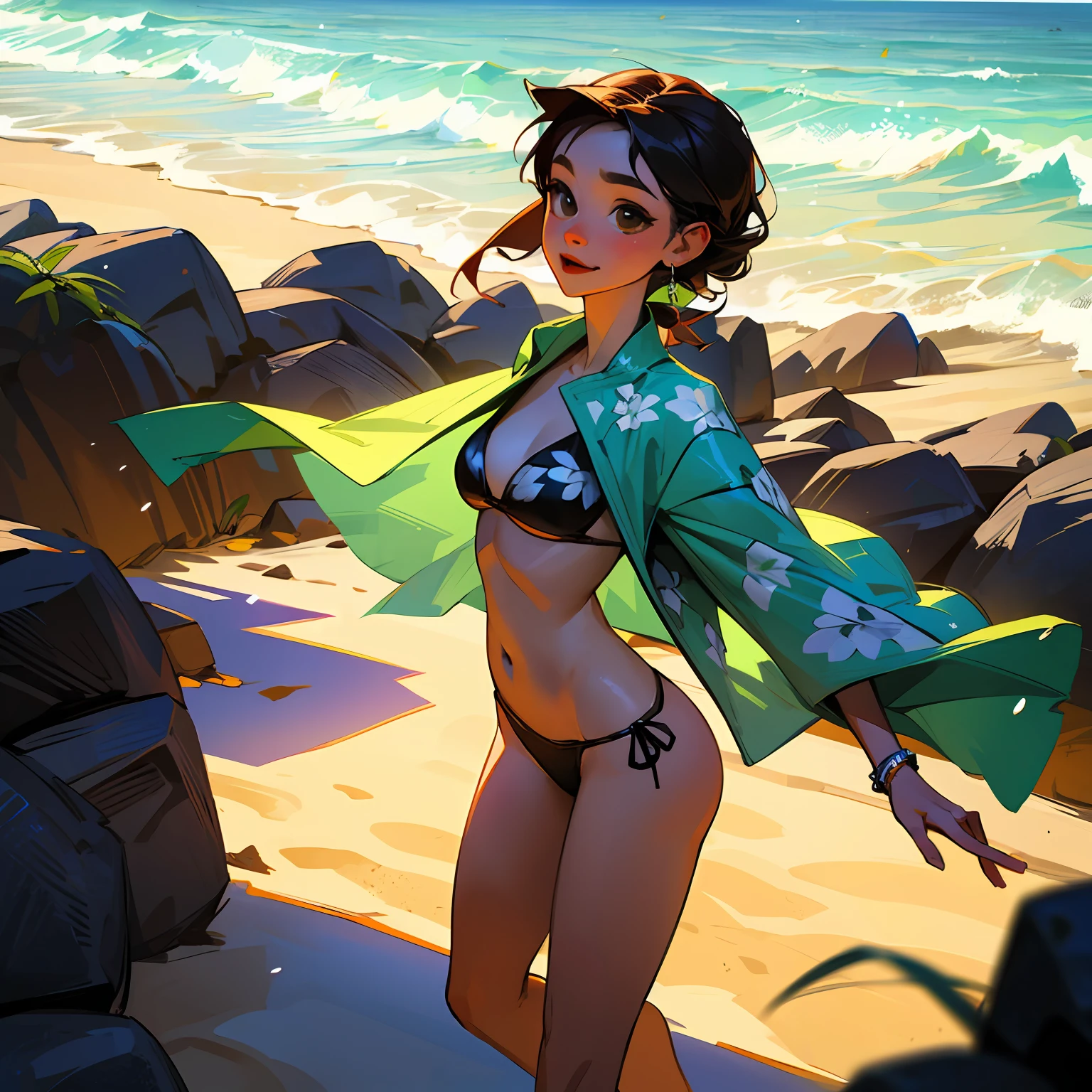 Uma jovem negra, andando na praia, com flores amarelas no cabelo, wearing bikini with flower prints, corpo bonito, apenas uma mulher em cena, in front of the camera with wide-angle lens, she's wearing simple tight clothes, micro bikini, realista, imagem extremamente detalhado, figura extremamente detalhada, ((apenas uma garota em cena)) --auto
