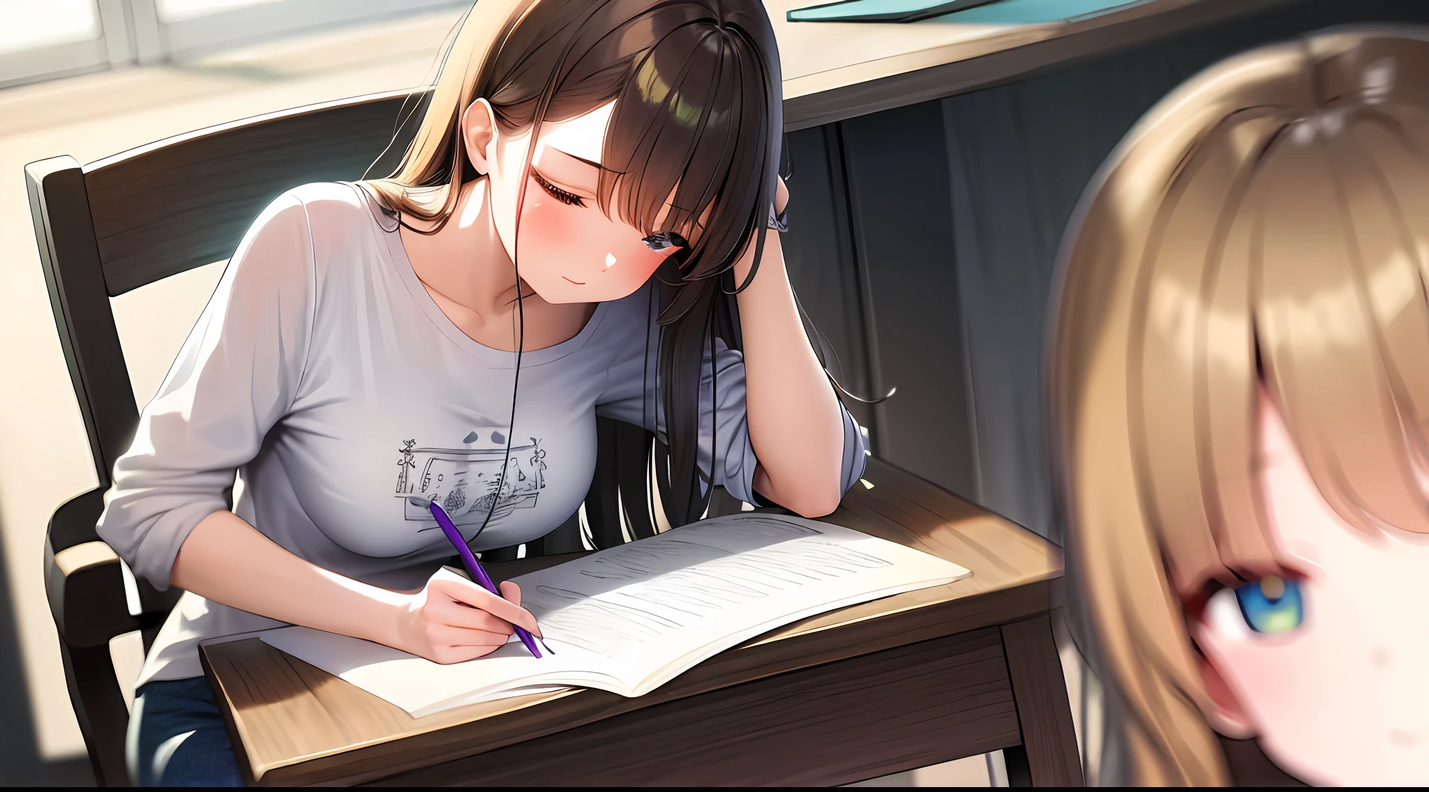 A masterpie, best qualiy, high - resolution, a 1 girl, Loose T-shirt、 Girl sitting on chair studying drafting at desk, Study seriously, Good luck studying、drawn、a beautifu、a Pretty、18y、Sleeping face down on a desk、god statue