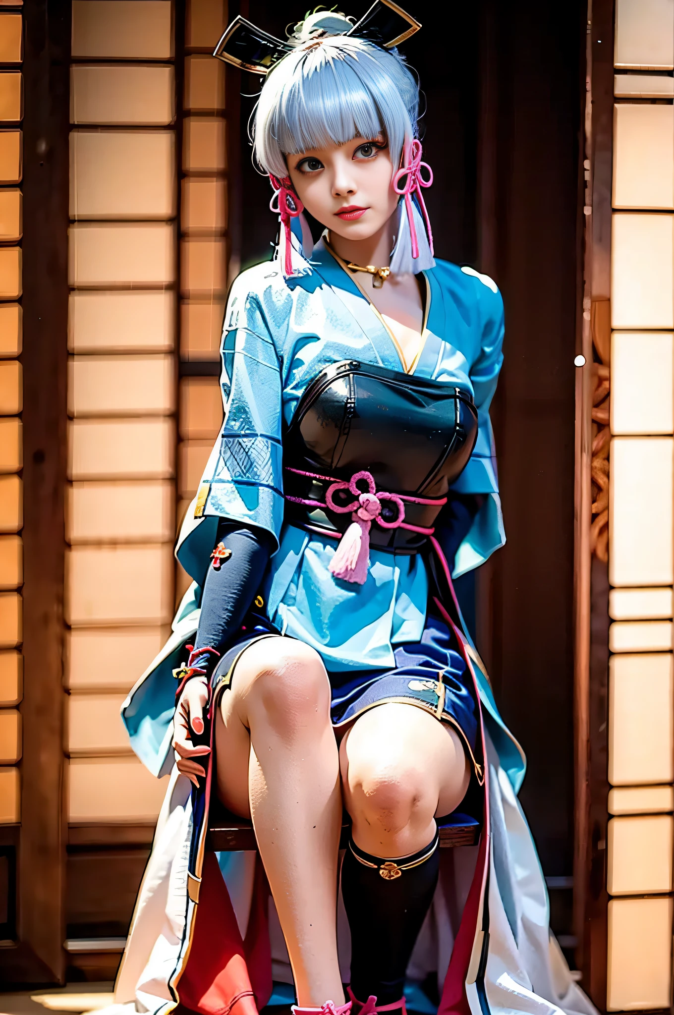 Blue kimono woman,sitting​，(loli face:1.1),Antique realistic photo,cosplay,,(Peach blossom eyes:1.1),kamisato ayaka,(Realistic:1.1),Ayaka,kamisato ayaka,Hands behind your back,lean forwards