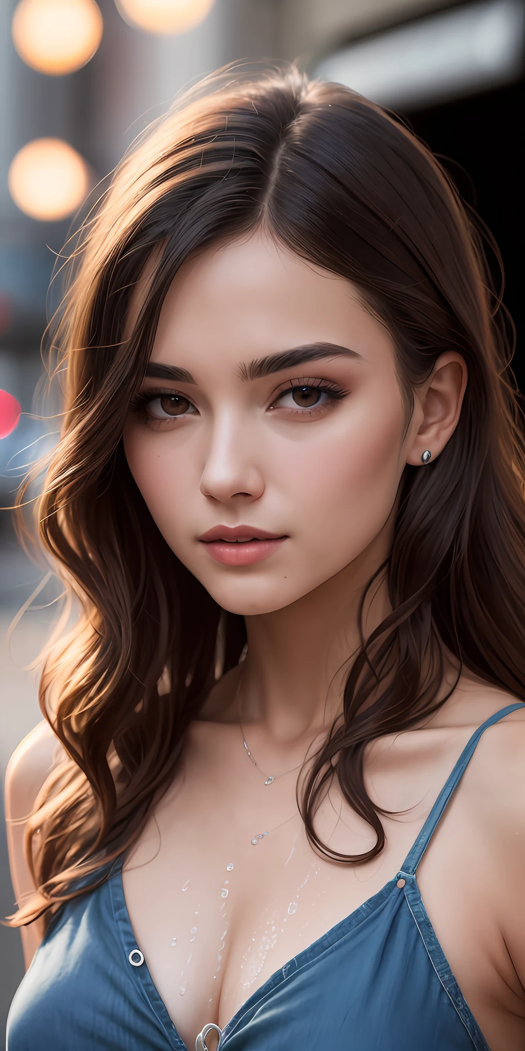 Photo of 25 year old European girl, RAW, beautiful woman, (brown hair with extra long wavy), ((portrait)), (Detailed face: 1.2)), (Detailed facial features)), (Fine skin), pale skin, high detail and casual dress, slim body, megacity environment, (cold color), wet, moist, reflection, (masterpiece) ( Perfect proportions) (realistic photos) (highest quality) (detail) shot with Canon EOS R5, 50mm lens, f/2.8, HDR, (8k) (wallpaper) (movie lighting) (dramatic lighting) (sharp focus) (complex) fashion