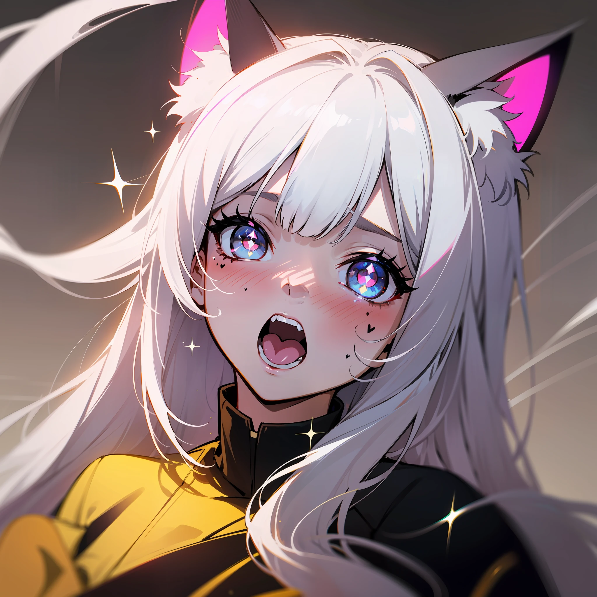 White hair,hair bangs,Moles under eyes,heart - shaped pupils,Cat ears,Open your mouth and growl,Ear blush,Eyes filled with heartbeats,Intoxicating moaning,Spit flying,Japanese animation style is minimalist,light and shade contrast,Sparkle,raytraced,anaglyph,tinta,Ultra-high-definition detailed paintings, (resolution: 4K+best+high resolution:1.1+high details:1.1),Reject mediocrity