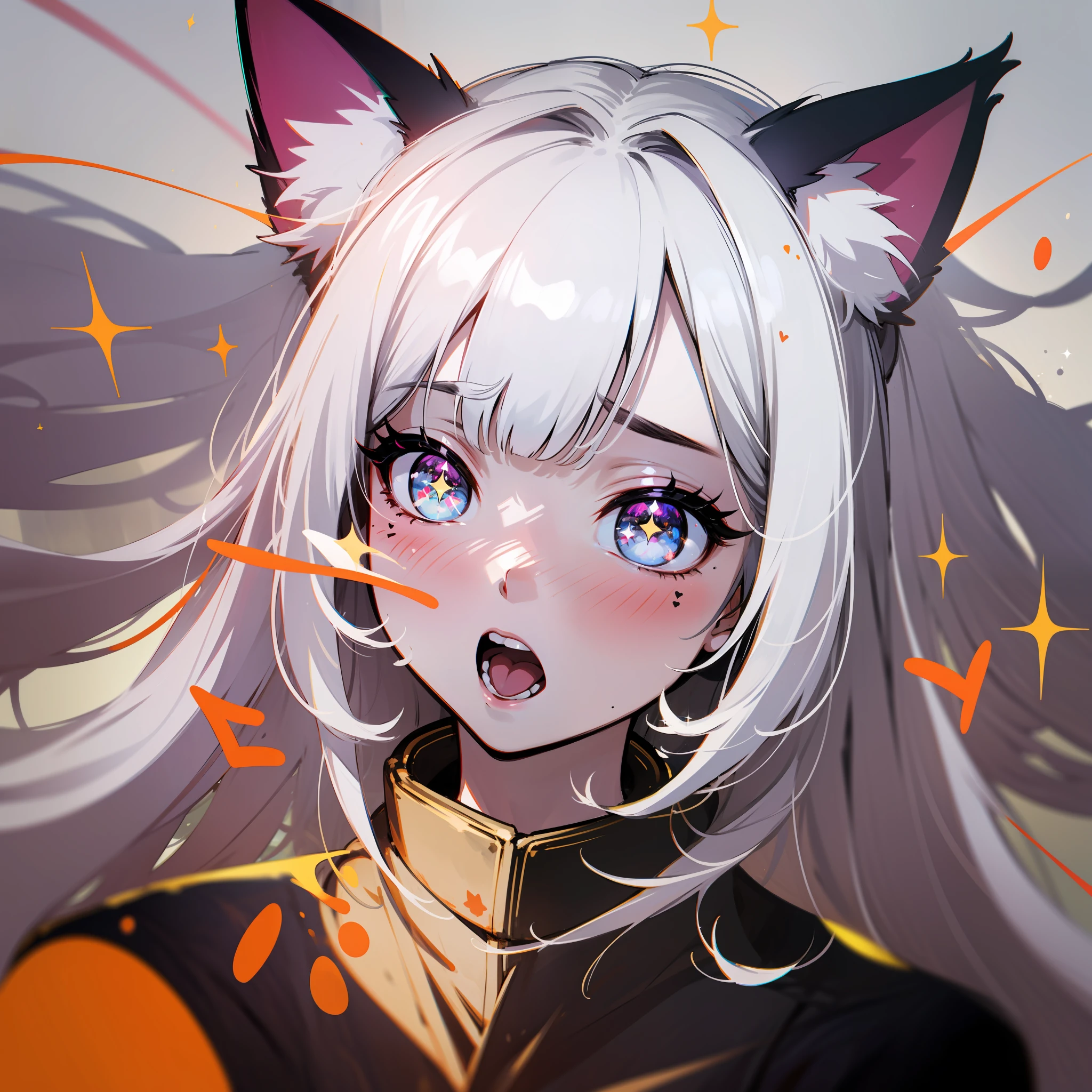 White hair,hair bangs,Moles under eyes,heart - shaped pupils,Cat ears,Open your mouth and growl,Ear blush,Eyes filled with heartbeats,Intoxicating moaning,Spit flying,Japanese animation style is minimalist,light and shade contrast,Sparkle,raytraced,anaglyph,tinta,Ultra-high-definition detailed paintings, (resolution: 4K+best+high resolution:1.1+high details:1.1),Reject mediocrity