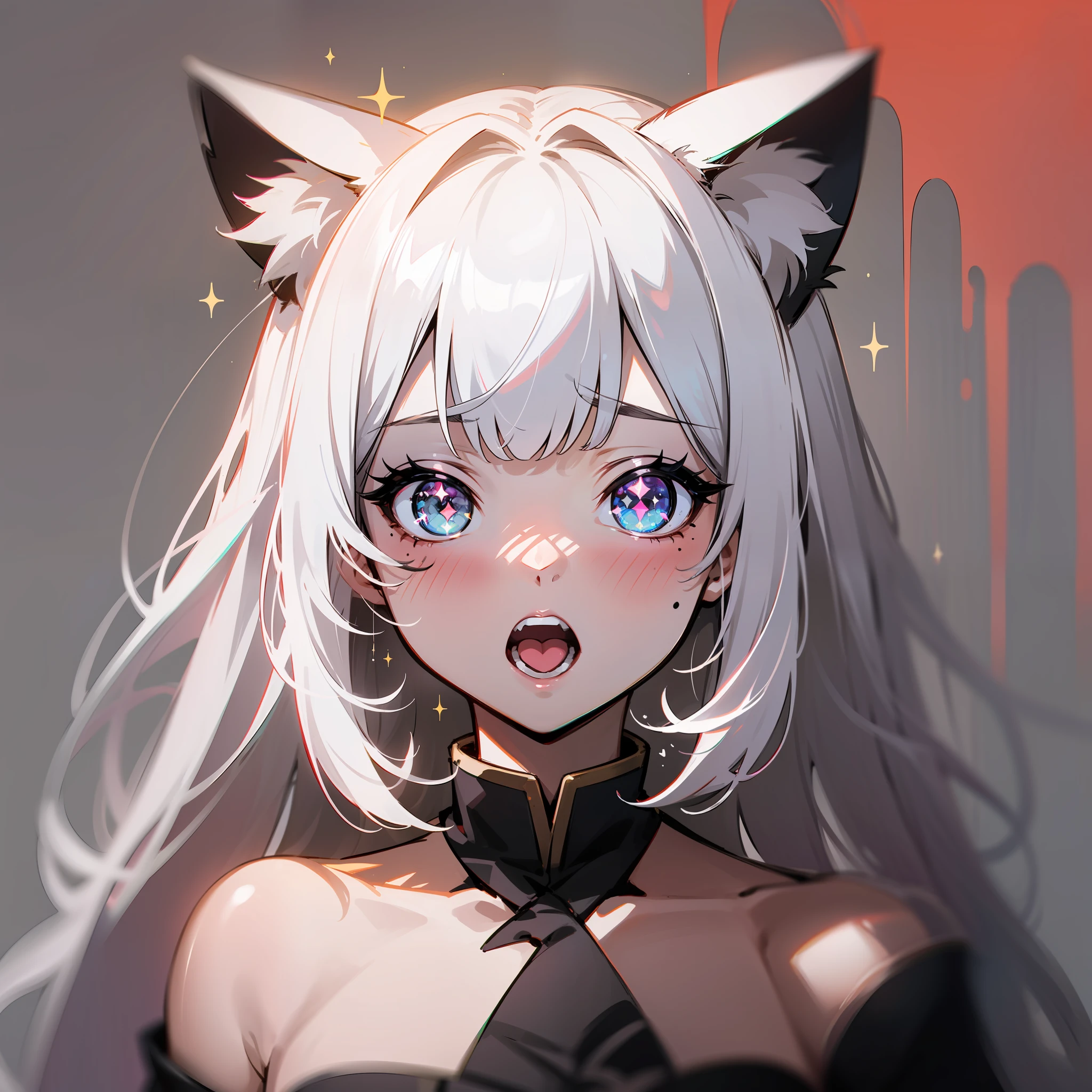 White hair,hair bangs,Moles under eyes,heart - shaped pupils,Cat ears,Open your mouth and growl,Ear blush,Eyes filled with heartbeats,Intoxicating moaning,Spit flying,Japanese animation style is minimalist,light and shade contrast,Sparkle,raytraced,anaglyph,tinta,Ultra-high-definition detailed paintings, (resolution: 4K+best+high resolution:1.1+high details:1.1),Reject mediocrity