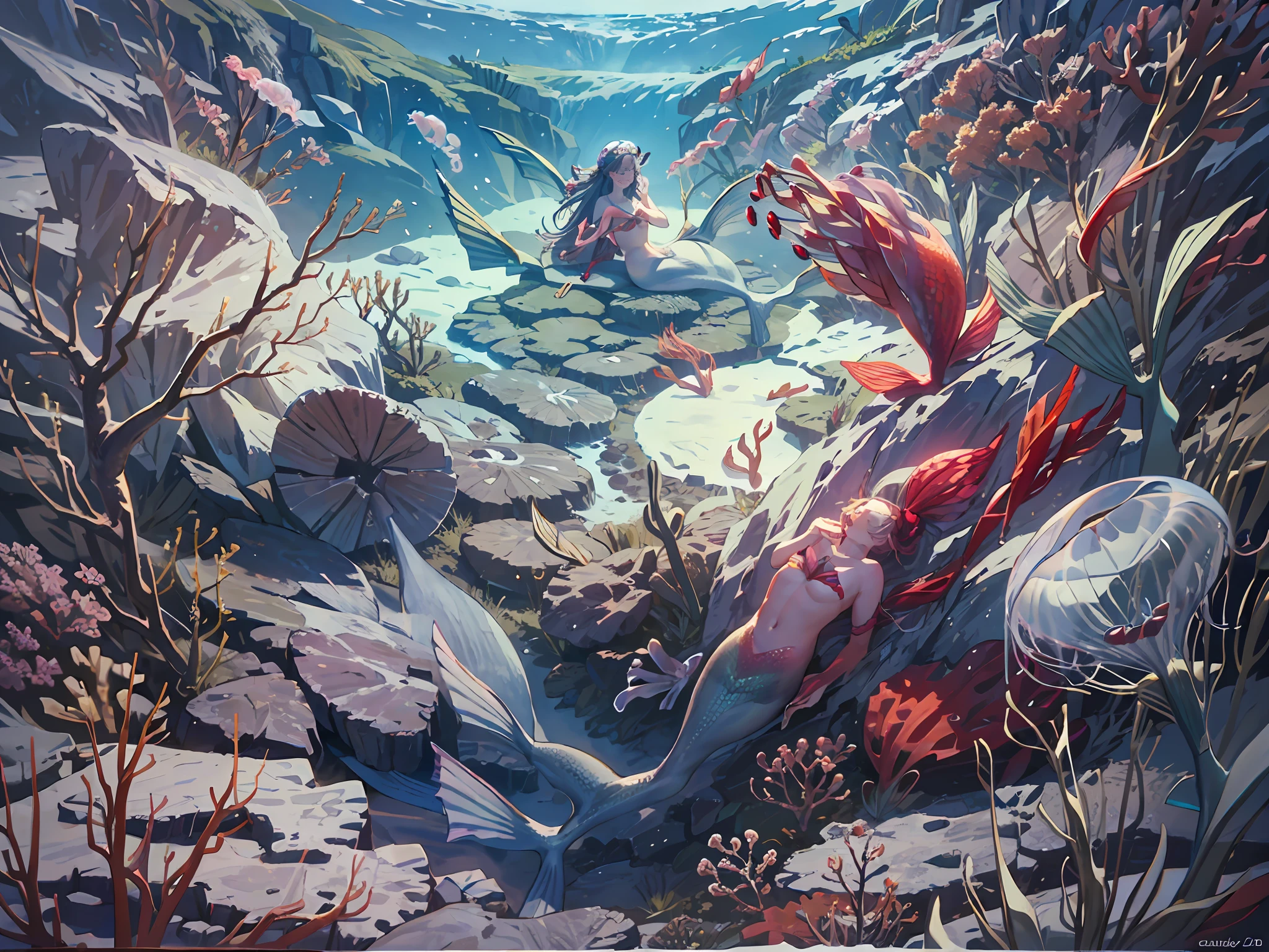 A scene of best quality, masterpiece, very detailed, 8k, wallpaper and fantasy quality, BREAK showing undersea environment, BREAK where (a mermaid :1.8), (many jellyfishes :1.4) and (fishes :1.2) are present, BREAK the mermaid sitting on a rock at the bottom of the ocean and looking up, BREAK with cool colors, cold colors, calm atmosphere, bubble, wide shot, 28mm and bird's eye view effects.
