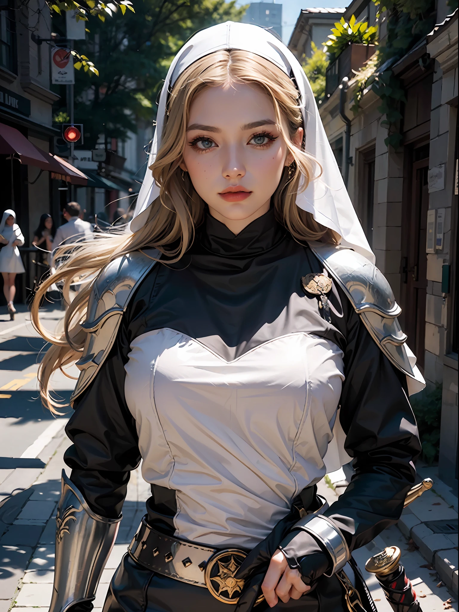 (masterpiece:1.2), (best quality:1.2), perfect eyes, perfect face, volumetric lighting, 1girl, mature female warrior nun, MILF, armor, robe, blonde hair, pauldron, sword, belt, stern expression, fantasy, outdoor, detailed background, makeup, lipstick, eyeshadow, mascara, thick eyelashes