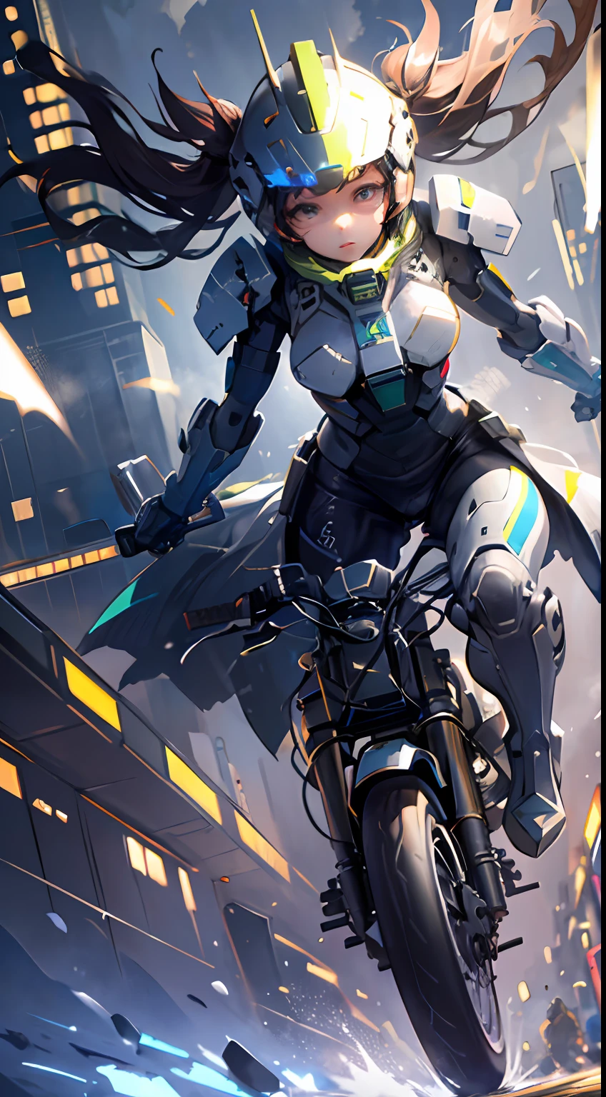 Highest image quality, outstanding details, ultra-high resolution, (realism: 1.4), the best illustration, favor details, highly condensed 1girl, with a delicate and beautiful face, dressed in a black and green mecha, wearing a mecha helmet, holding a directional controller, riding on a motorcycle, the background is a high-tech lighting scene of the future city.