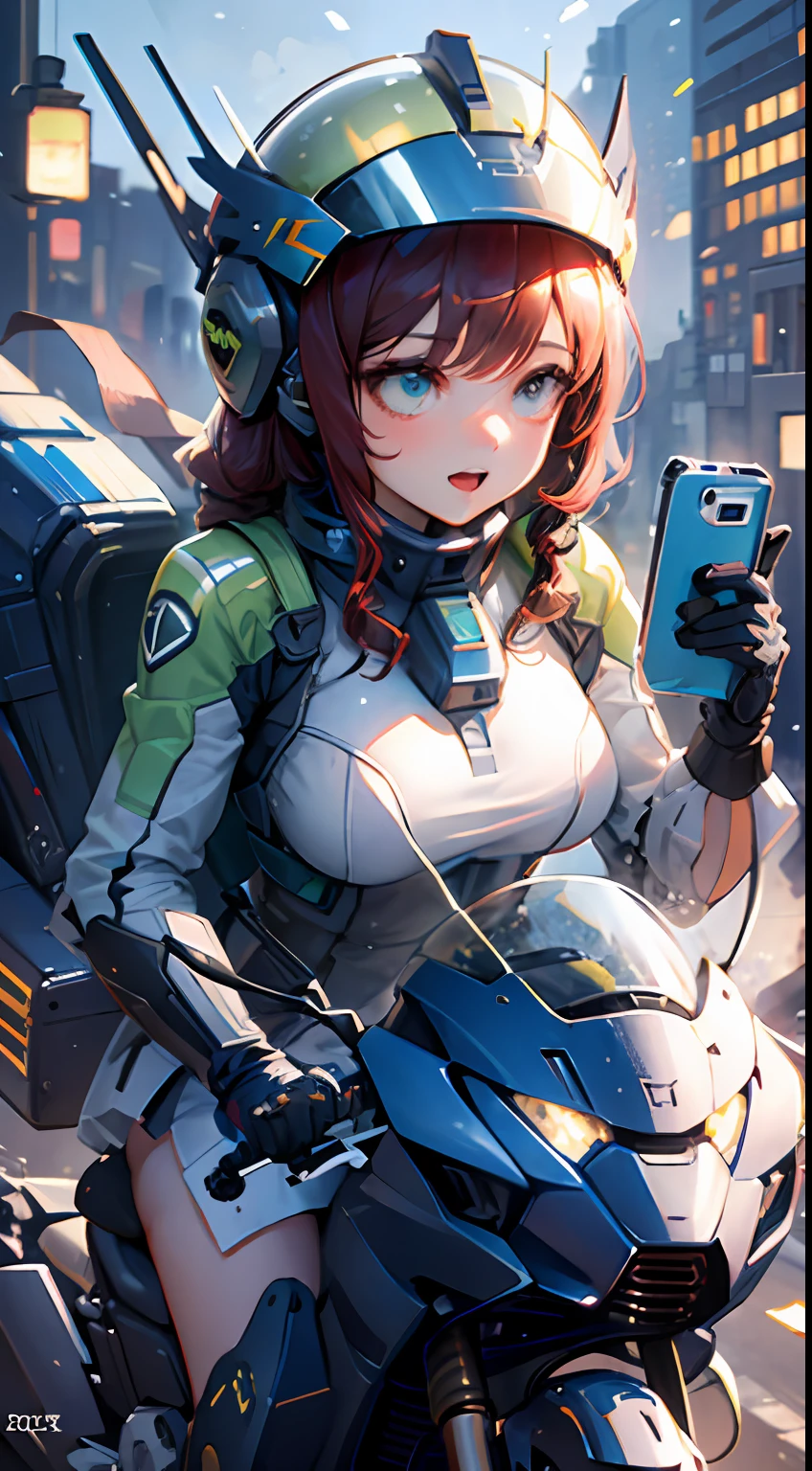 Highest image quality, outstanding details, ultra-high resolution, (realism: 1.4), the best illustration, favor details, highly condensed 1girl, with a delicate and beautiful face, dressed in a black and green mecha, wearing a mecha helmet, holding a directional controller, riding on a motorcycle, the background is a high-tech lighting scene of the future city.