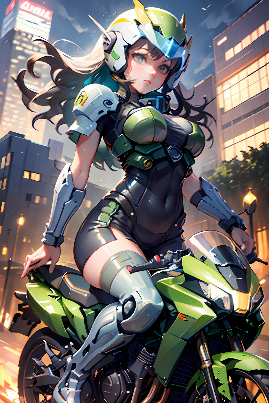 Highest image quality, outstanding details, ultra-high resolution, (realism: 1.4), the best illustration, favor details, highly condensed 1girl, with a delicate and beautiful face, dressed in a black and green mecha, wearing a mecha helmet, holding a directional controller, riding on a motorcycle, the background is a high-tech lighting scene of the future city.