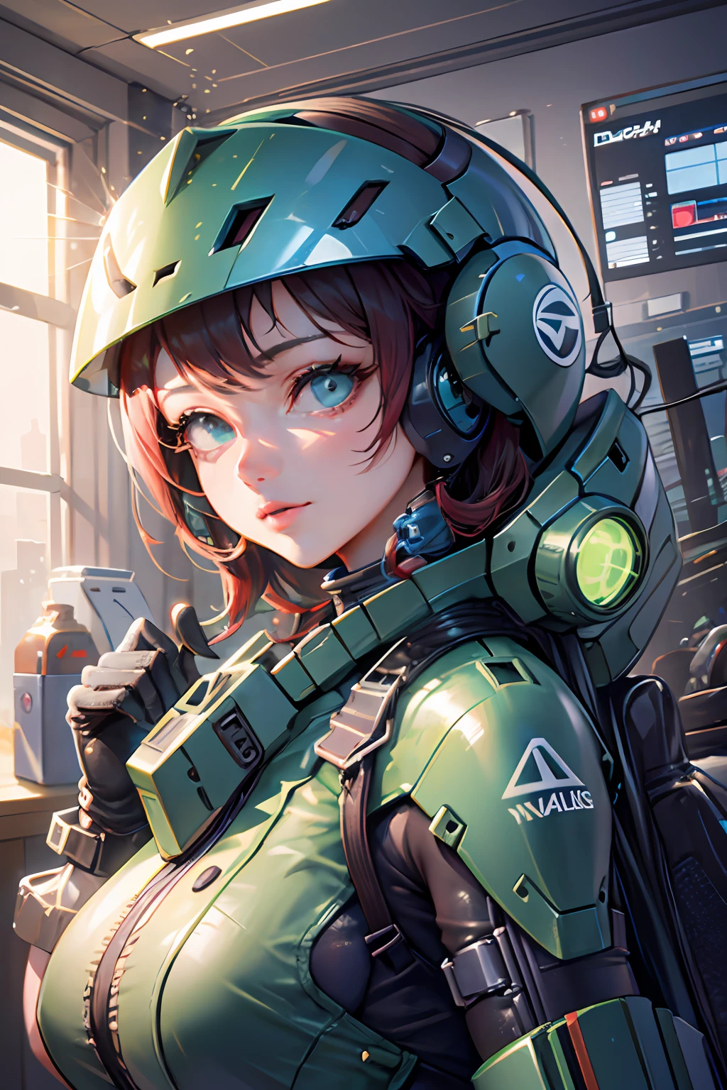 Highest image quality, outstanding details, ultra-high resolution, (realism: 1.4), the best illustration, favor details, highly condensed 1girl, with a delicate and beautiful face, dressed in a black and green mecha, wearing a mecha helmet, holding a directional controller, riding on a motorcycle, the background is a high-tech lighting scene of the future city.