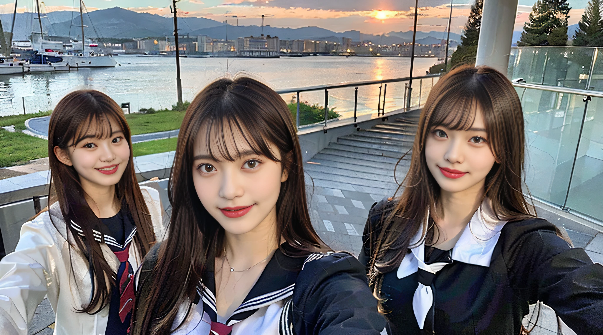 (8K、Raw photography、best qualiy、A masterpie:1.2)、Ultra Verbose、Super Resolution、Black and red sailor suit、(photorealestic:1.4)、from above view、Camera from above、Camera angle from above、I'm looking at this with upward eyes、High-quality images taken with a camera from above Frolicking at the water's edge、Full body shot、full-body photo、High-resolution RAW color photos、professional picture、Sun Beach、Atmospheric scenery、Very detailed and beautiful、Ultra high image quality、8K Denden、Amazing details、huge filesize、Very detailed beautiful girl、Very detailed face Very detailed eyes、Very realistic skin、 extremely detailed fingers, extremely detailed nose, extremely detailed mouth, flawless ???????, high detailed backgrounds, Highly detailed clothing, Teen, girl cute, famous Japan idol, a Pretty, Realistic body, Slender, White Skin Skin, Glowing skin, Slim body, Long straight hair, (Blunt bangs:1.2), realistic faces, Delicate eys, Double eyelidd, sailor clothing、red necktie、Pink Eye Shadow、High school girls Miku Smiling hair、After school Beautiful sunset the beach Brown hair、Schoolgirl youth Celebrity-level cuteness Frolicking with multiple high school girls 、Arms open、Today's female proofreading、(Heart marks under the eyes)