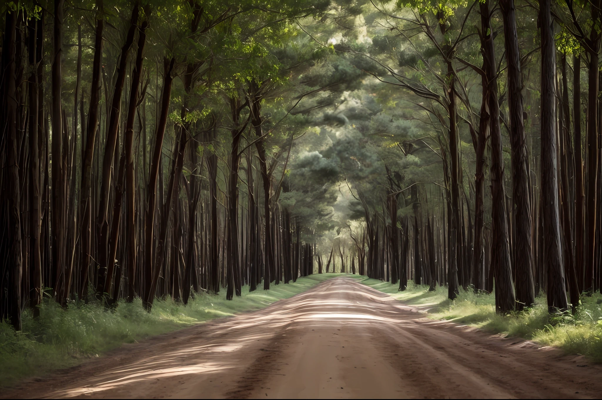 obra maestra,alta resolucion foto RAW,fotografia de paisaje,there is a dirt road that is surrounded by trees and grass, Bosques brumosos, madera brumosa, Carretera en un camino forestal, Bosque brumoso, Escena del bosque brumoso, Hermosa madera brumosa, Bosque brumoso, Entorno de bosque sereno, en un bosque brumoso, road between tall trees, Sendero del bosque, Fondo de bosque brumoso, en un entorno de bosque sereno, en bosque brumoso, Sendero forestal,enfoque nitido