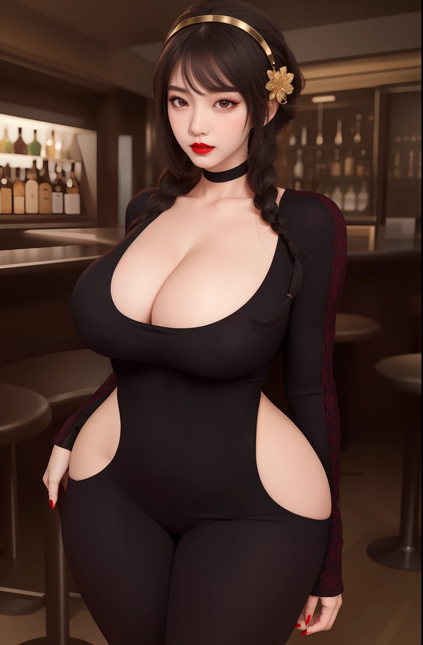 An Idol k-pop girl, (cute face, lewd face), braid hair, intricate face details, detailed face, golden ratio face, ((big breasts:1)), ((slim waist, big butt, big hip, big thighs)), ((intricate hands)), ((intricate feets)), full body, 64K, UHD, HDR, global illumination, (high quality, high detailed, hyper detailed, extremely detailed), photo realistic, ultra realistic, art photo, (clarify the details, detailed parts body), intricate artwork masterpiece, trending on artstation, tight clothes, (sexy face), standing, bar club background, (red nails, red lips, red eyes)