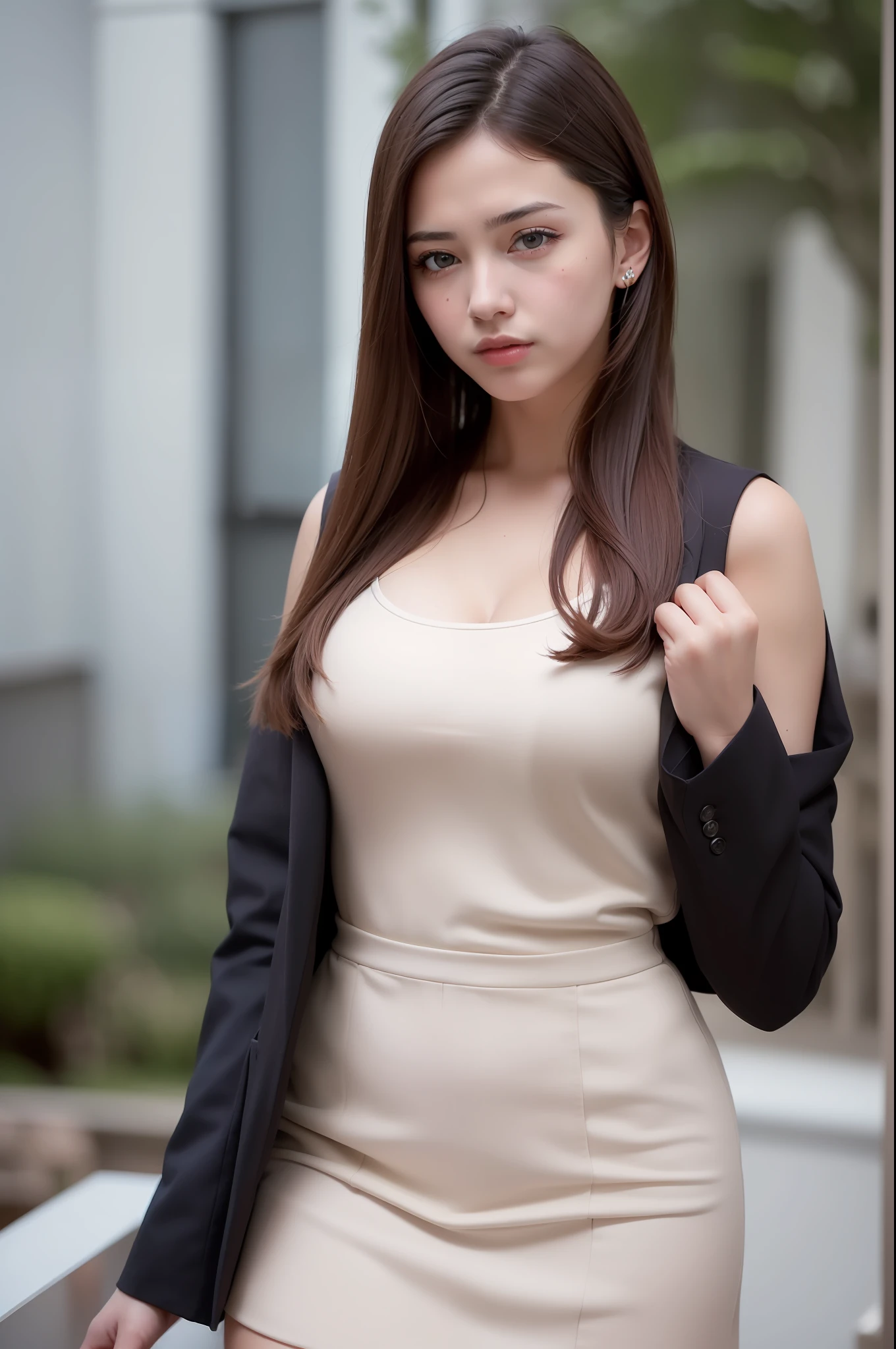 best quality, masterpiece, 1girl, Beautiful face, (photo realistic:1.3), rim lighting, (high detailed skin:1.2), 8k uhd, dslr, high quality, high resolution, 4k, 8k, Bokeh, absurdres, best ratio four finger and one thumb, (realistic:1.3), cute 1girl, wearing black formal blazer, medium breasts, short skirt,
