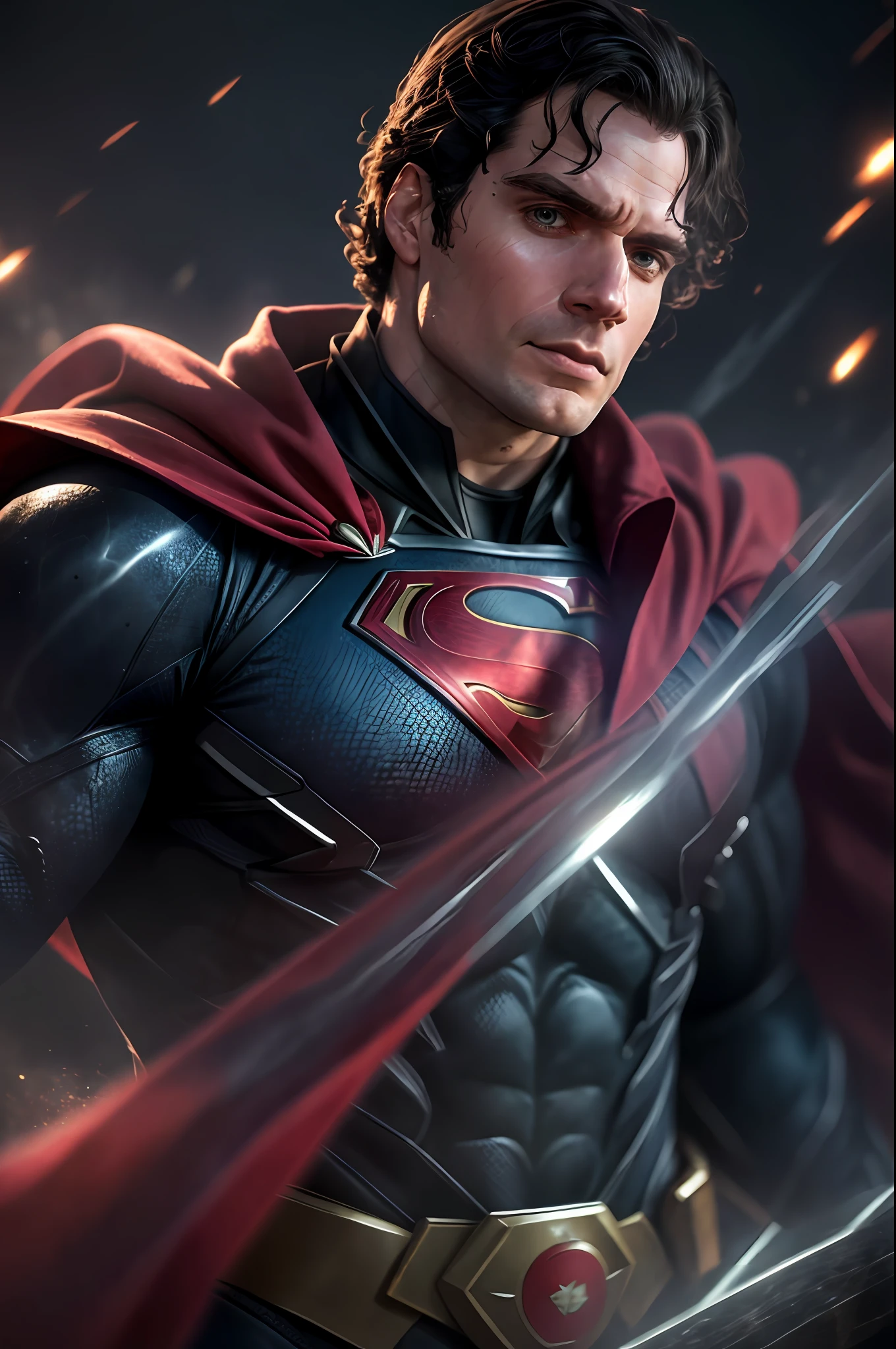 Henry Cavill as Superman, 40s year old, all black and red details suit, red cape, strain of hair covering forehead, short hair, tall, manly, hunk body, muscular, straight face, black medium hair, best quality, high resolution:1.2, masterpiece, raw photo, dark background, detailed suit, detailed face, upper body shot