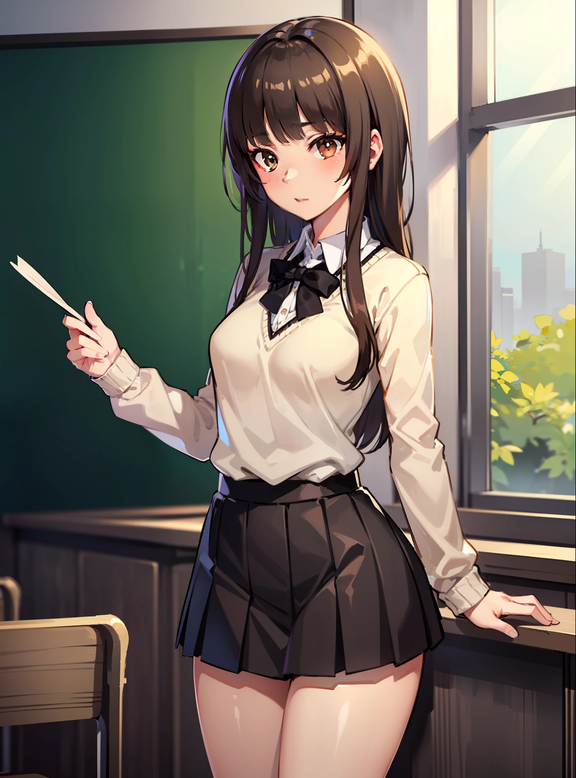 ((Masterpiece,Best Quality)), high - resolution, High resolution, depth_De_nobara, Cowboy Shot, 独奏, 1girls, KR1, Brown eyes, Long hair, Blunt bangs, kibito high school uniform, sweater, Pleated skirt, socks, Small breasts, class room,