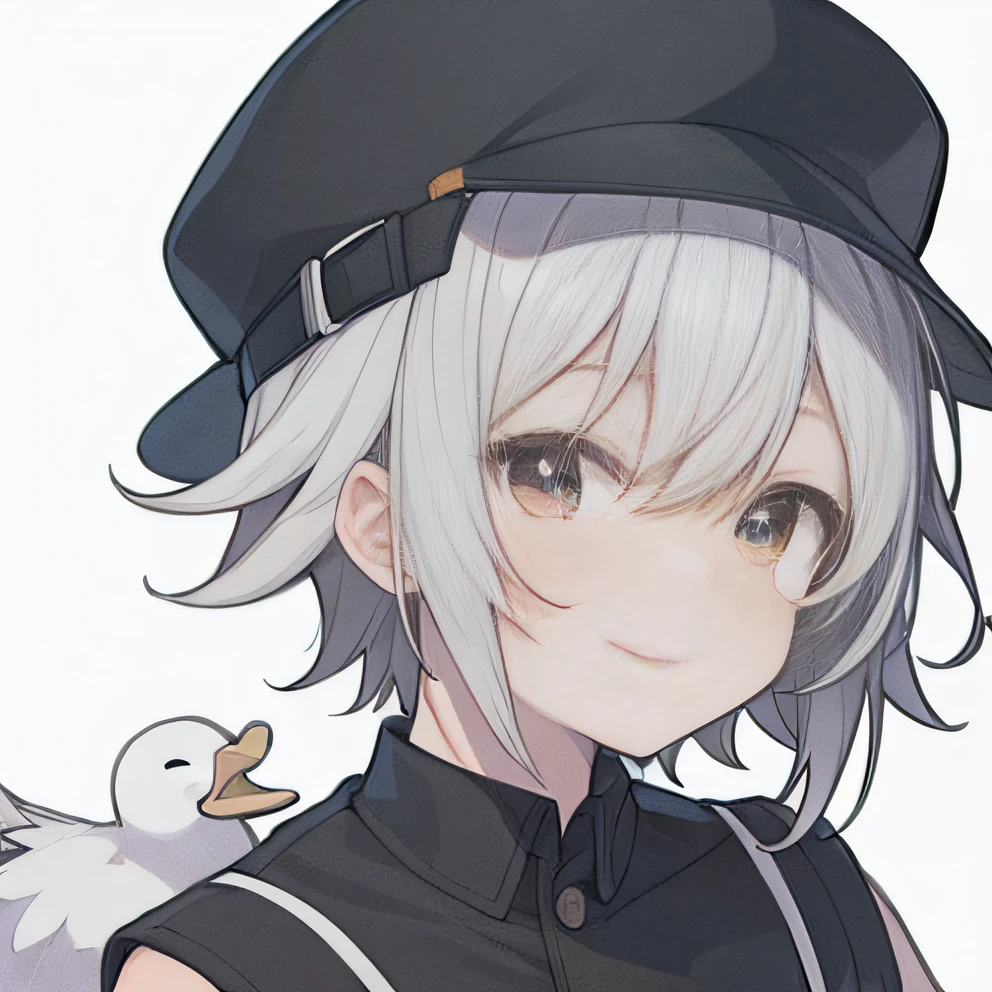 Boy with white hair and black cap with duck, [[[[smile]]]],