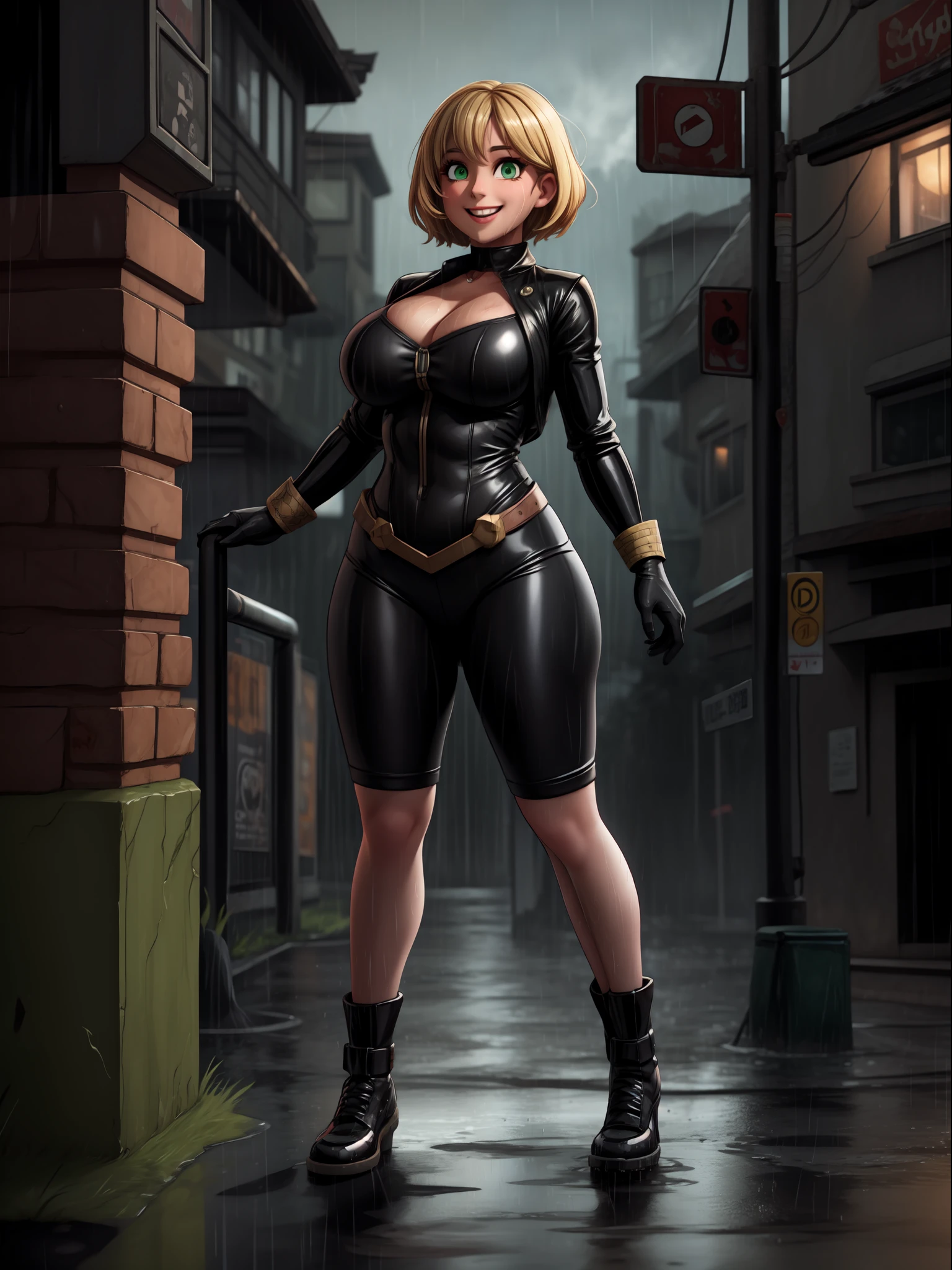 ((full body):1.5) ((1 female):1.2): wearing black superhero costume with blank parts, extremely tight on the body, extremely large and firm breasts, very short blonde hair, green eyes, looking at the spectator, smiling, she is leaning against a light pole, engaging in sexual possession, macabre city, night, ((heavy rain, bandits around):1.2), 16k, high quality, high details, UHD,