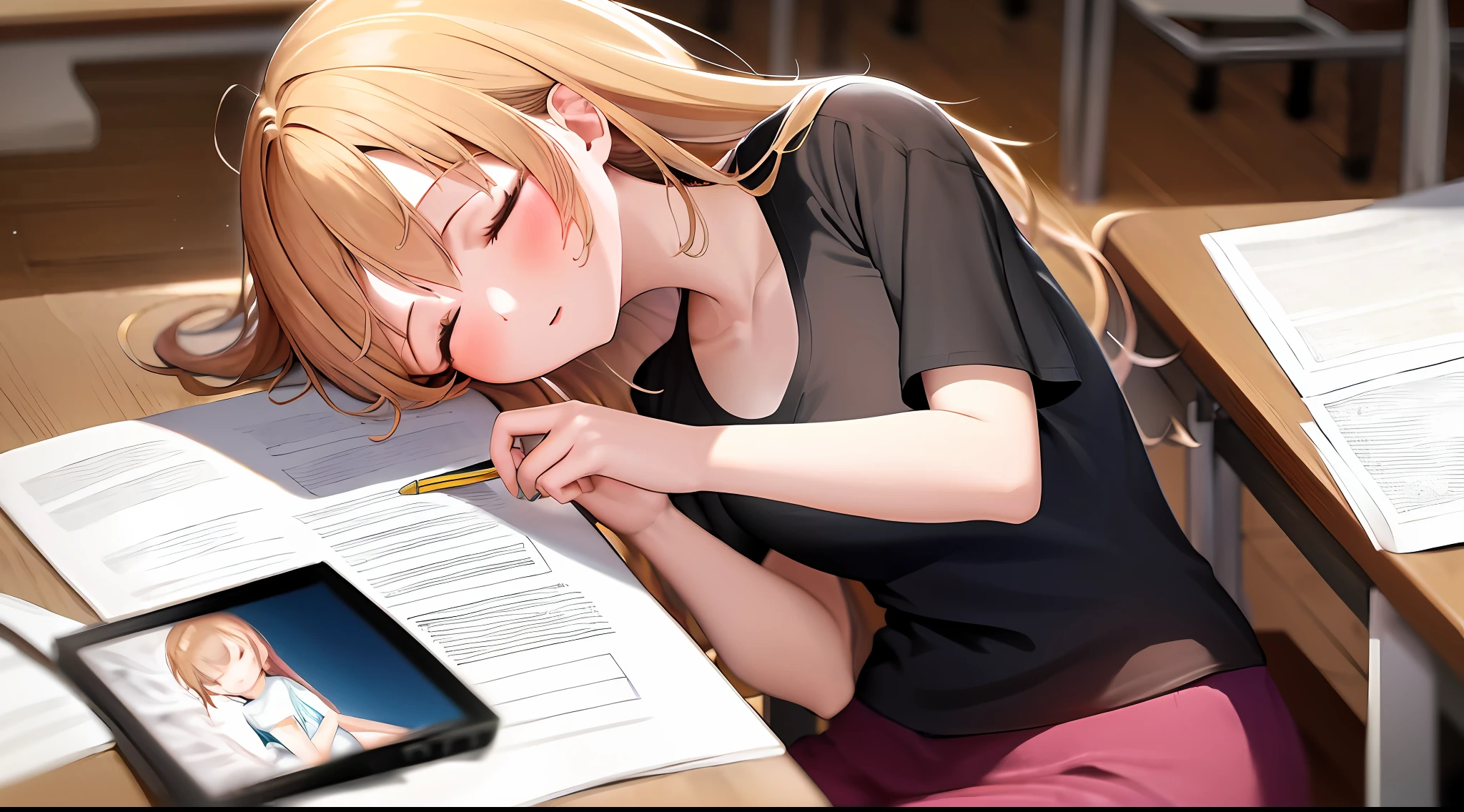 A masterpie, best qualiy, high - resolution, a 1 girl, Loose T-shirt、 Girl sitting on chair studying drafting at desk, Study seriously, Good luck studying、drawn、a beautifu、a Pretty、18y、Sleeping face down on a desk、god statue