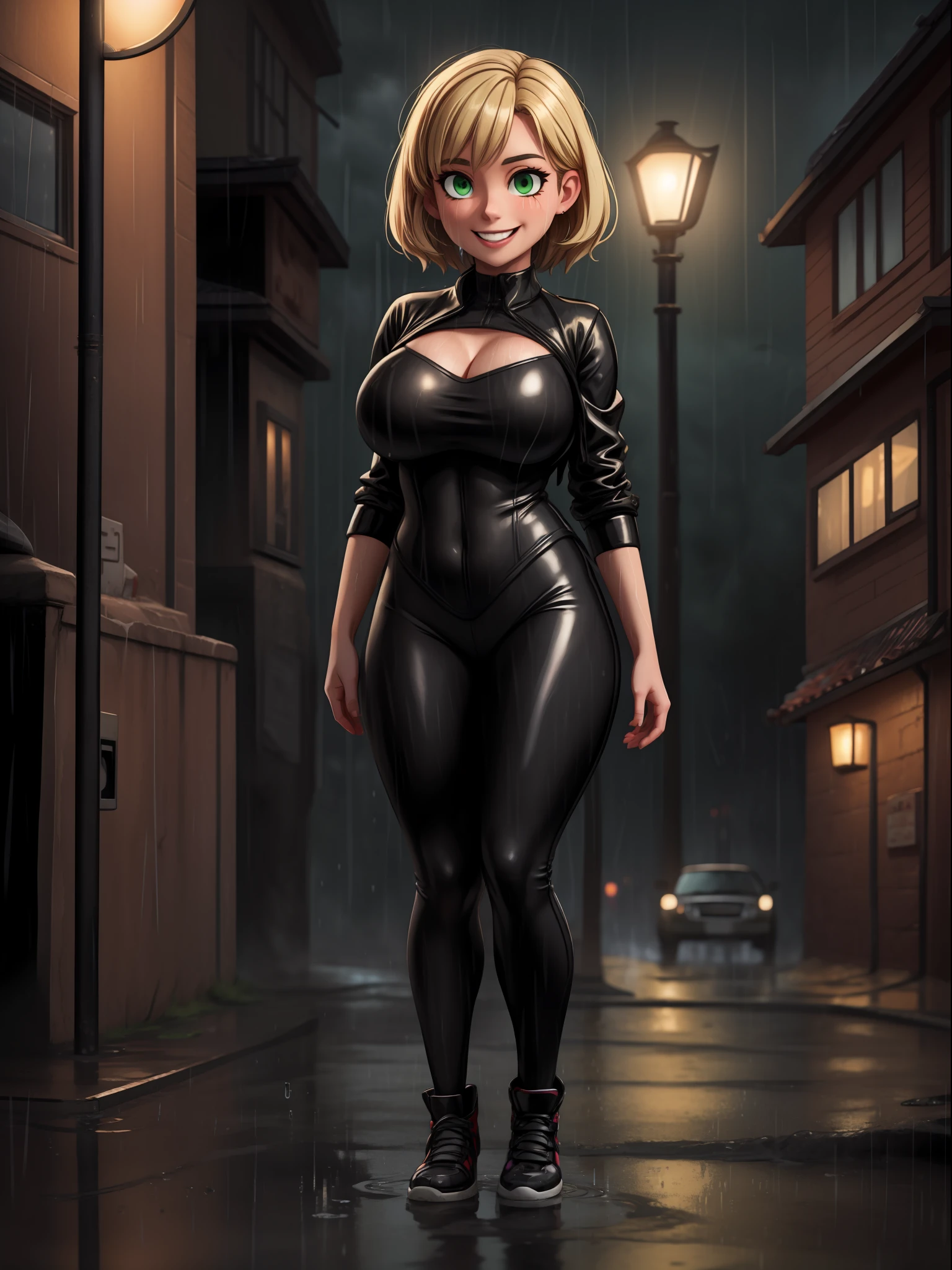 ((full body):1.5) ((1 female):1.2): wearing black superhero costume with blank parts, extremely tight on the body, extremely large and firm breasts, very short blonde hair, green eyes, looking at the spectator, smiling, she is leaning against a light pole, engaging in sexual possession, macabre city, night, ((heavy rain, bandits around):1.2), 16k, high quality, high details, UHD,