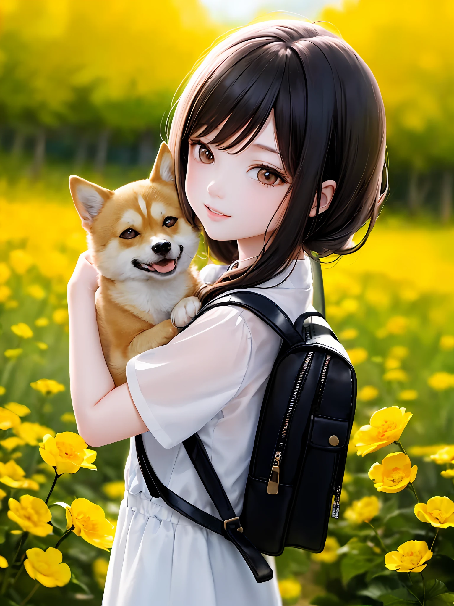 A charming young girl carrying a backpack,With her cute Shiba Inu puppy,Enjoy the outing surrounded by beautiful yellow flowers and nature。The illustration is a high-definition illustration in 4K resolution,with highly-detailed facial features and cartoon-style visuals。