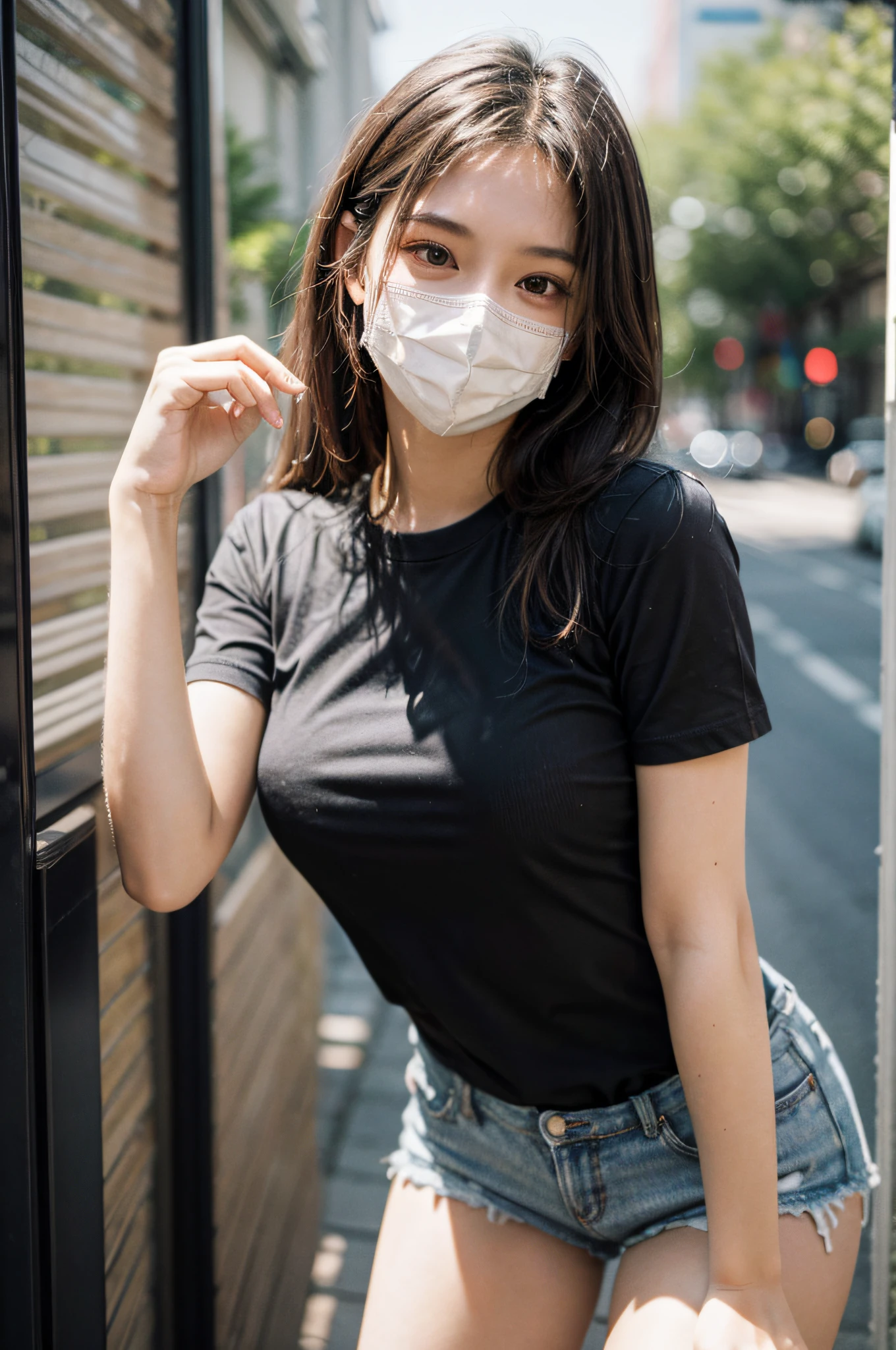 Best Quality, Masterpiece, High Resolution, 8K, (Realistic: 1.4), Ultra High Resolution, 1 Girl, Ultra Detailed, Surreal, Highly Detailed CG Illustration, Official Art, Cinematic Light, Reality, Young Beautiful Girl, Perfect Figure, Perfect Figure, Full View, Perfect Body, Mask, Pose, Sexy Long Legs, Confident, Beautiful Sexy, (taut_shirt), Black Super Shorts, S-shaped Body, Upturned Hips, Assuming, Posing, Different Perspectives