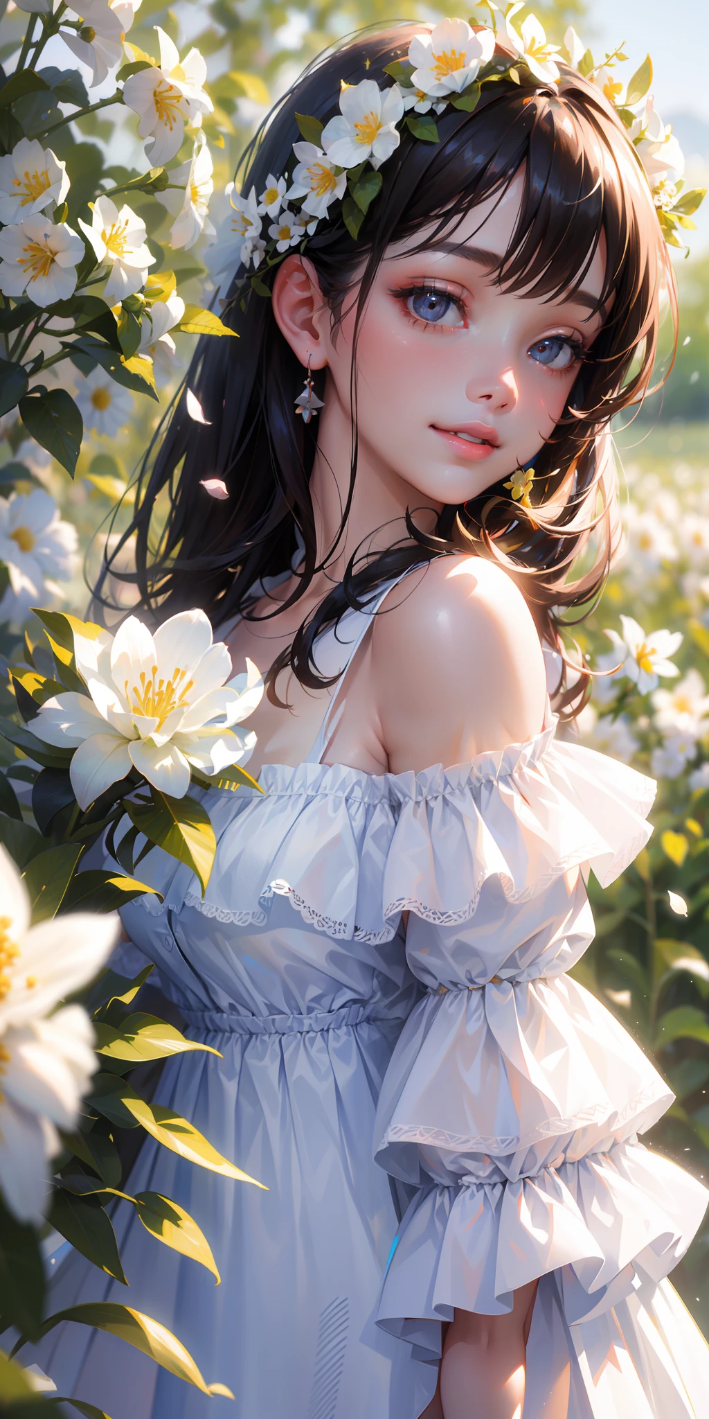 Best quality, masterpiece, ultra high res, (photorealistic:1.4), raw photo, 1girl, white dress, off shoulder, blossom flower field, glowing skin, light smile