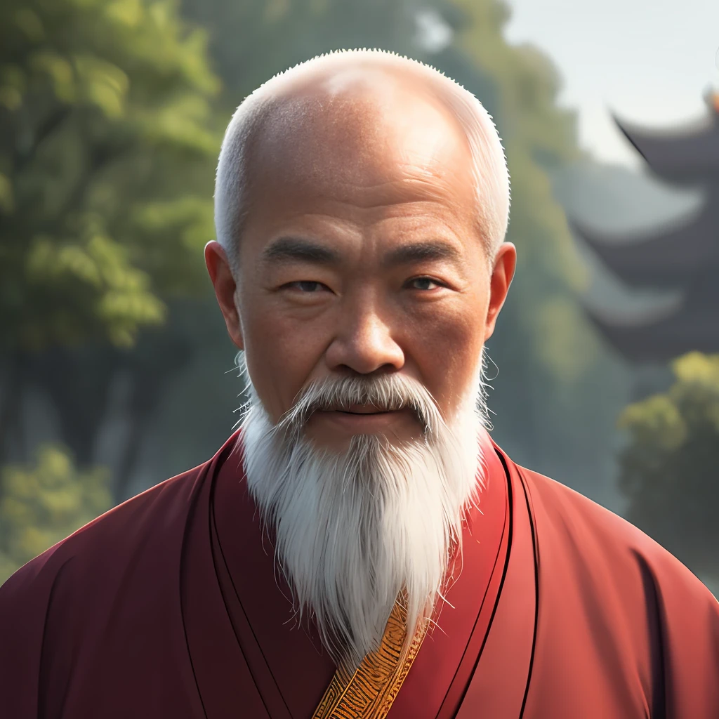 An old Chinese monk in rags,Long-bearded abbot,Be kind,The eyes are shining,Smart and dashing,Teeth bared, Landscape background,Cinematic portraits of people, 8K portrait rendering,Inspired by martial arts monks, Inspired by Oniyako --auto
