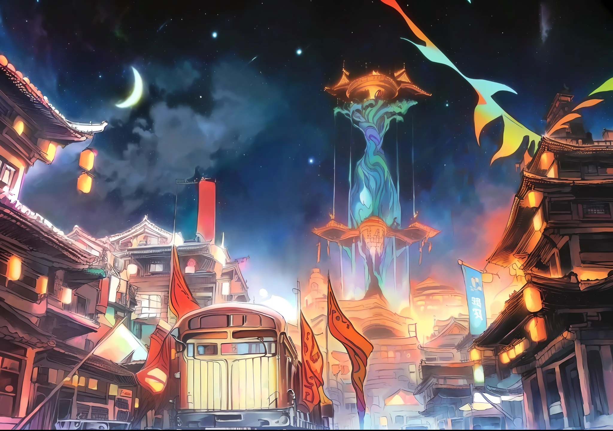 anime scene of a street with a train and a building, colorful kitsune city, colorful anime movie background, Best anime 4k konachan wallpaper, Onmyoji detailed art, anime land of the lustrous, traditional japanese concept art, anime art nouveau cosmic display, summer festival night, anime style cityscape, Anime fantasy artwork, anime”, “ anime, full - view。Classical Chinese night view