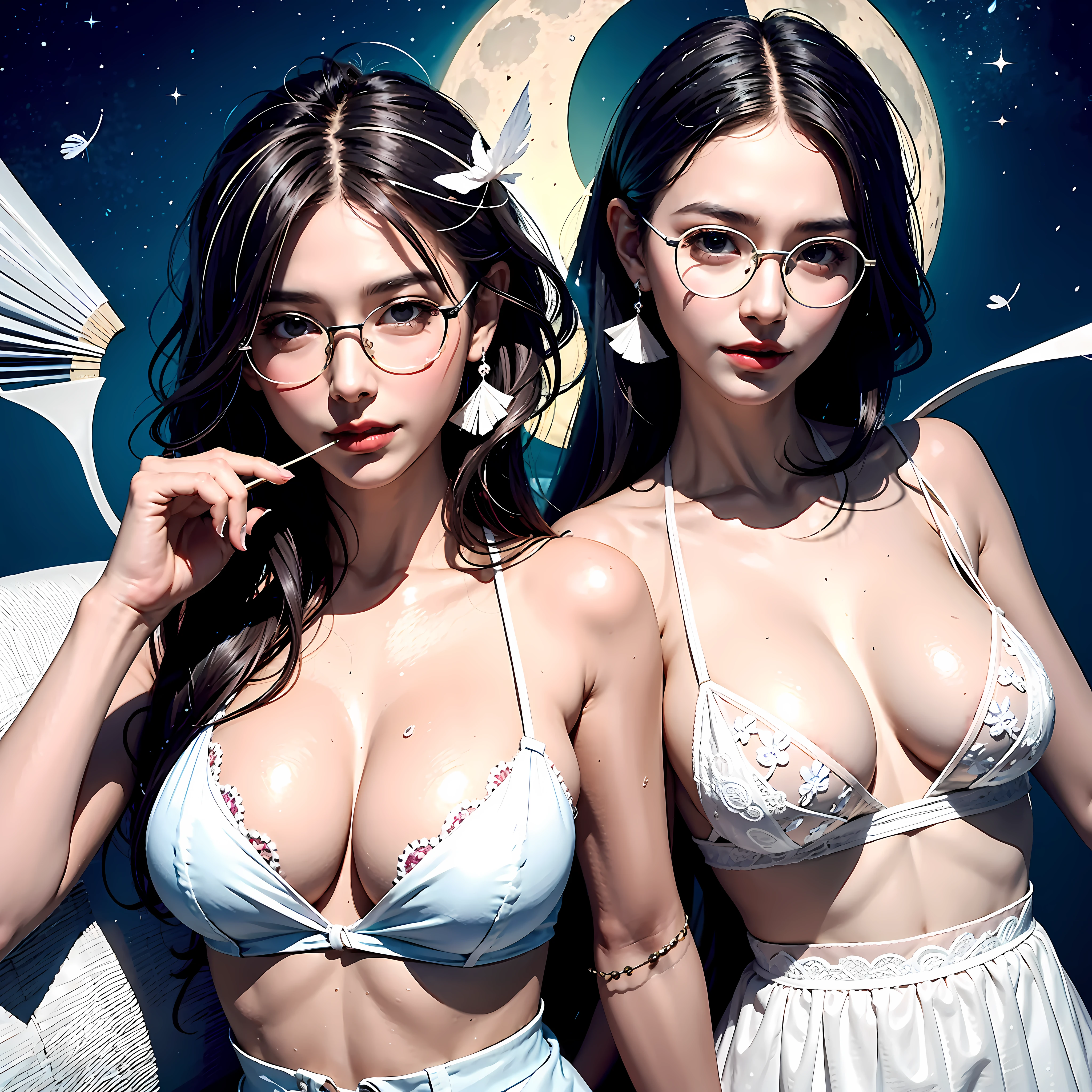 (Pink cheeks:0.2)，(False eyelashes:0.3)(lady eye glass: 0.5)(heavy metal eye glass:0.2 )Glossy lips,boobs shot:0.8 , videogame , little sweat:0.5,wet clothes are slightly transparent :0.3 (sit single sofa : 0.1)(drunk face flushed:0.6)(holding a folding fan with colorful detial feather )(fluorescent clothing)(right index finger touch lips:0.6)(hand behind head:0.2), (one eye wink:0.8) (Detailed rich feathered belt)(star mark on face: 1.5) (Perfect face:1.5) (1 girl:0.6)(twogirl:0.1)Photorealistic (back wrap skirt)(white and  color hair:1.2) ,angel ring on head , sakura skirt,(petal fly:1.1) angel ring on head , silk scarf wrapping flying (show lace panties: 0.7), Big eyes, (Busty chest:0.8) (perfact Busty boobs : 0.5), shadow on body，lifted up  ,  (moon and many star in the background), ((look at top)), Smiling, (two color hair mix), (Dancing), agressive, Best Anatomy: 1.6, Unreal Engine 5, Best quality, Very detailed, Detailed background, , Best Anatomy, illustration, Ultra HDR, raw, (PureErosskin_V1:0.0), (Ulzzang-6500-v1.1:0.0), Wildcard Prompt: (masterpiece), (Best quality ), ((Super detailed)), illustration, (Detailed light), Cinematic light, Cute girl, Hairflying, Playful smile, light hair, Pastel paintings, Art Nouveau, full growth, Cinematic light, Ultra Verbose, Detailed face, Realistic face, Detailed eyes, Realistic eyes, luscious lips, Bright smile, ((Hairflying: 1.1, Sharp focus, Handsome, leggy, Thin, Professional lighting, rendered eyes, Hair accessories, (Asian Idol), architecture, Birds、Butterflies and bubbles in the air, underboobs, navel, celestial, in road side, nice Idol, ( above waist),  (Perfect face:1.), 18year, magic castle, car ,(Best quality), perfect Eye,