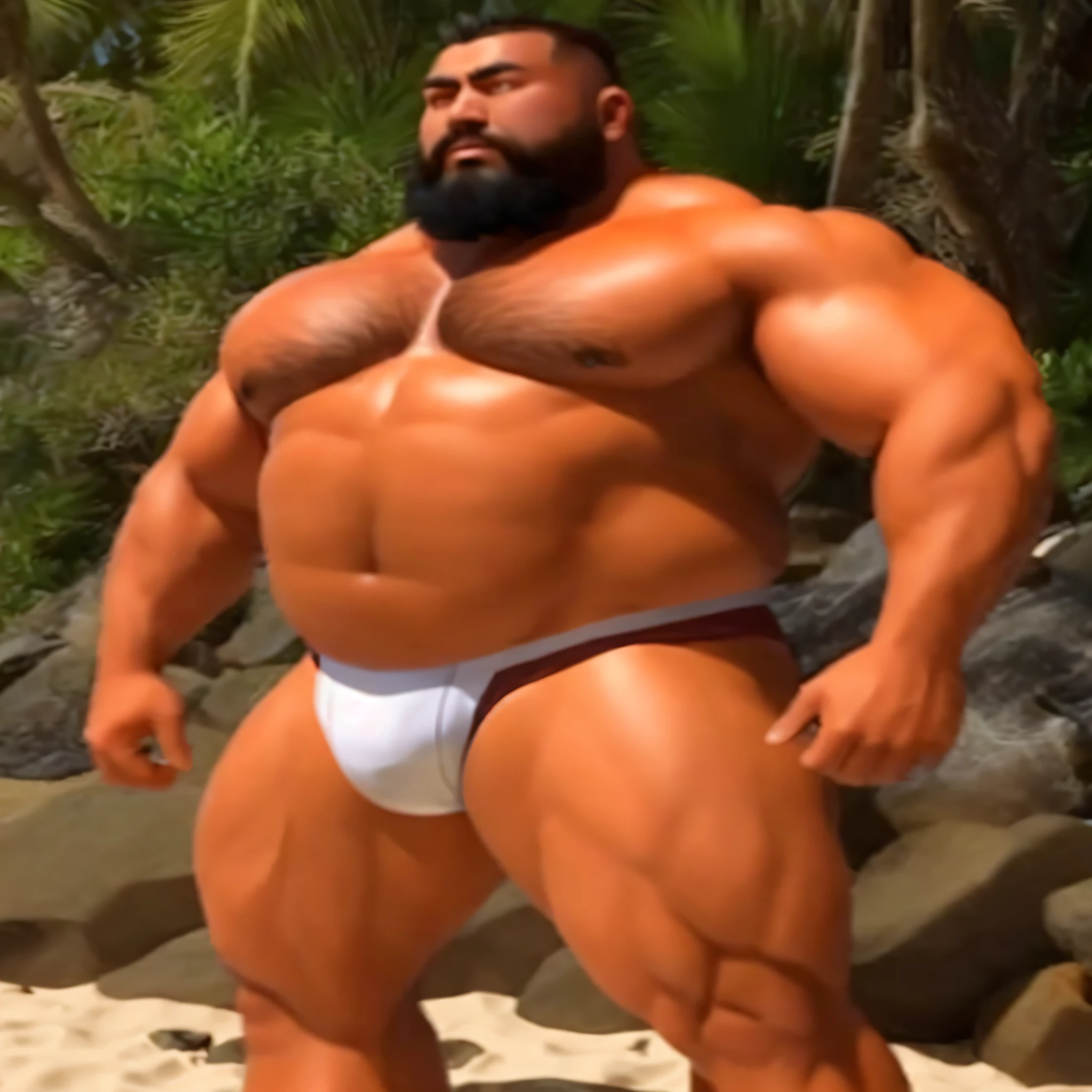 Close-up of a man in flesh-colored underwear on the beach, robust stocky body, beefy, very muscular, absurdly massive physique, thicc, bulging muscles, gigachad muscular, very muscular, extreme muscles, massive muscles, Thick body, fat ripped satanic creature, very muscular, Very beautiful. very muscular, very muscular, Huge muscles,4K, Textured skin,Super detail,Oriental