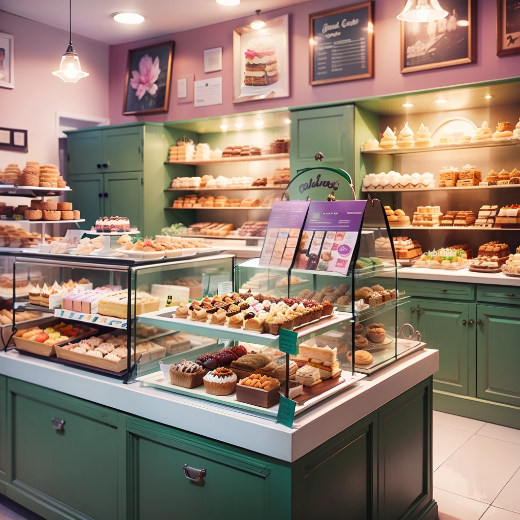 image of a pastry shop with green pink yellow purple details, in high quality, 8k, with a showcase of cakes and sweets, with chairs and tables --auto --s2