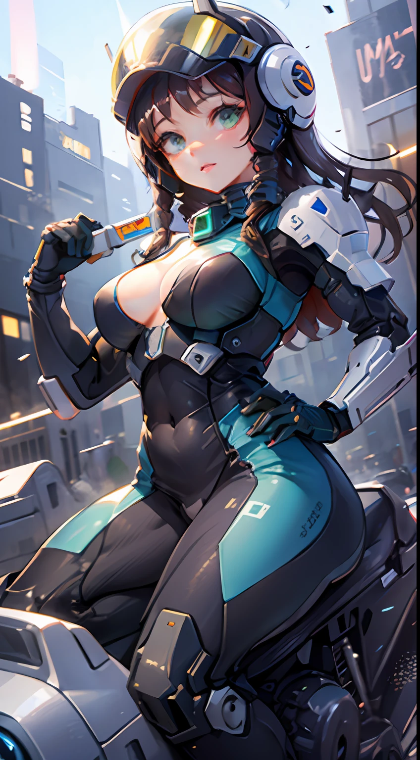 Highest image quality, outstanding details, ultra-high resolution, (realism: 1.4), the best illustration, favor details, highly condensed 1girl, with a delicate and beautiful face, dressed in a black and green mecha, wearing a mecha helmet, holding a directional controller, riding on a motorcycle, the background is a high-tech lighting scene of the future city.
