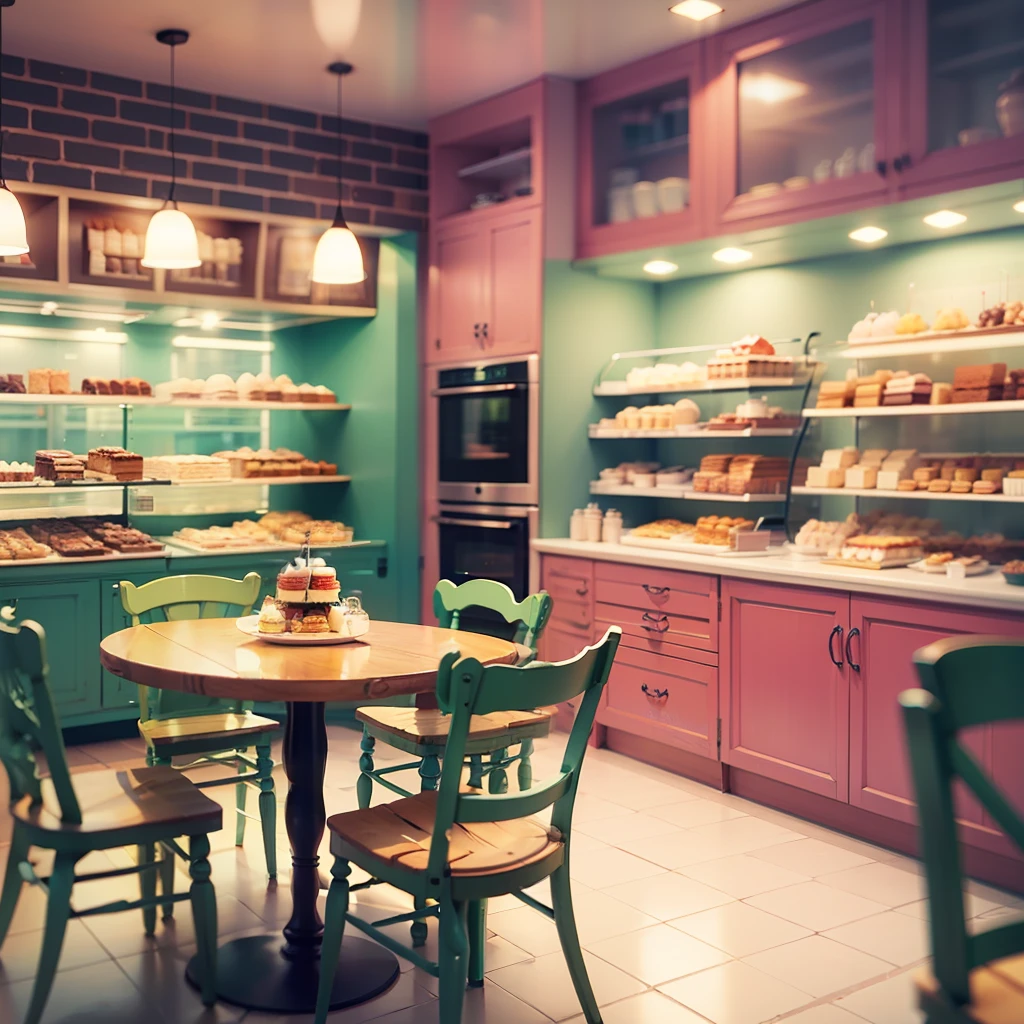 image of a pastry shop with green pink yellow purple details, in high quality, 8k, with a showcase of cakes and sweets, with chairs and tables --auto --s2