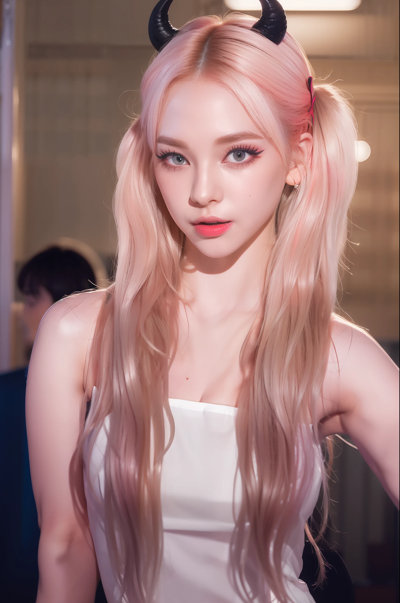 (8k, 4k, best quality, highres, ultra high res:1.1), (masterpiece, realistic, photo-realistic:1.1), 1girl, face, close-up, twintails, blonde hair, black eyes, red lips, (Looking in the audience：2），Long pink hair，long eyelash，eyeshadows，smaller face，big eyes，uncovered breasts，high-contrast，Lace lingerie，Succubus Horns，An expression that can't stop