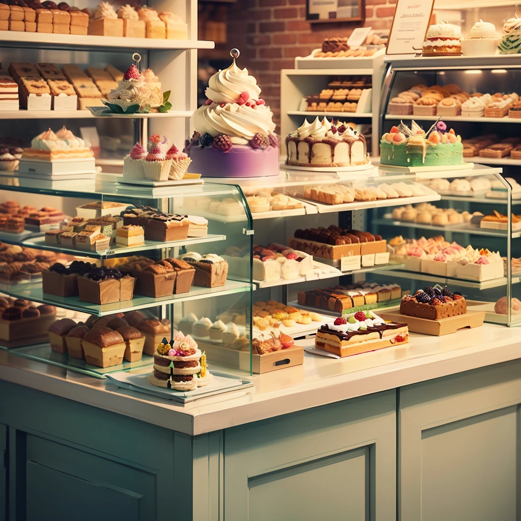 image of a pastry shop with green pink yellow purple details, in high quality, 8k, with a showcase of cakes and sweets, with chairs and tables --auto --s2