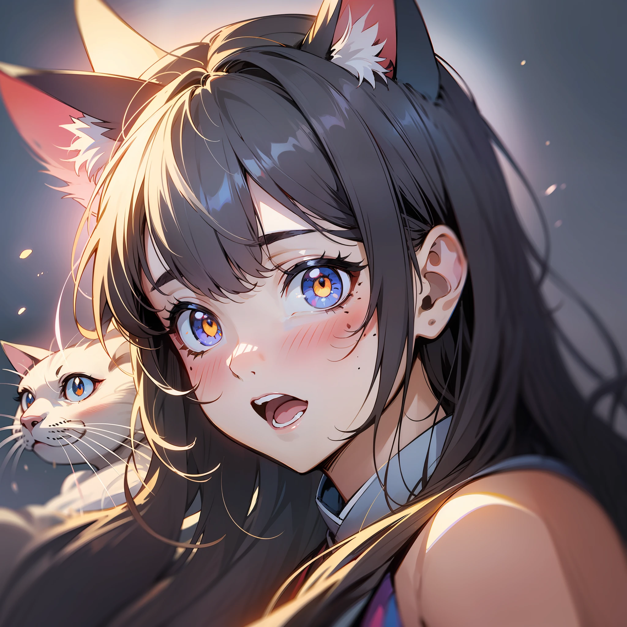 Cat ears,White bangs contrast with moles under the eyes,Heart-shaped pupils illuminated by the afterglow, Open mouth,Ear blushing expression, Attention to detail,The light effect is delicate,Embossed strokes,Light and dark are realistic,Shadow is delicate,Under strong light source,Highlight the beautiful eyes of the god,Ultimate clarity and detail,4K HD detail beyond canvas,A famous picture quality display in the style of Japanese animation.